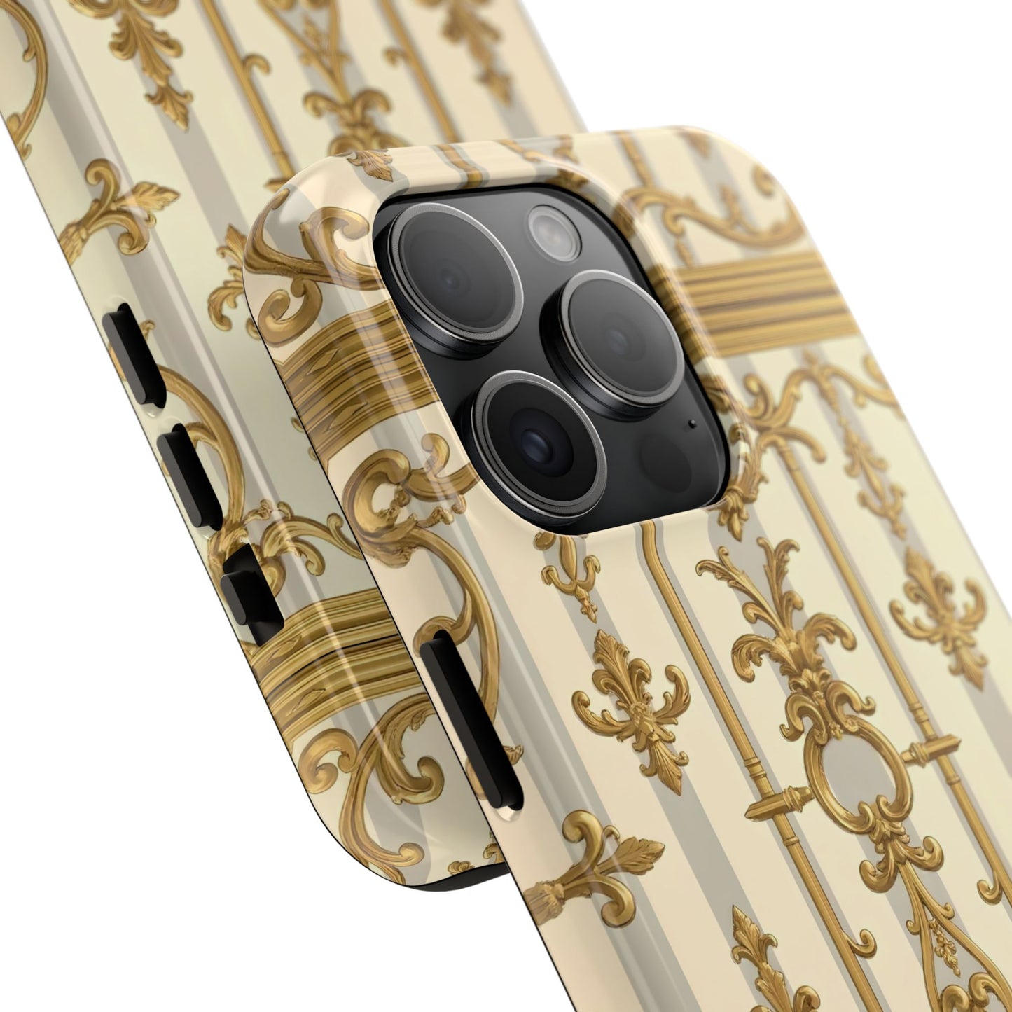Elegant Gold Pattern Tough Phone Cases | Stylish Phone Covers, Trendy Cell Phone Accessories - Matte Gray & Cream Striped Gold Baroque