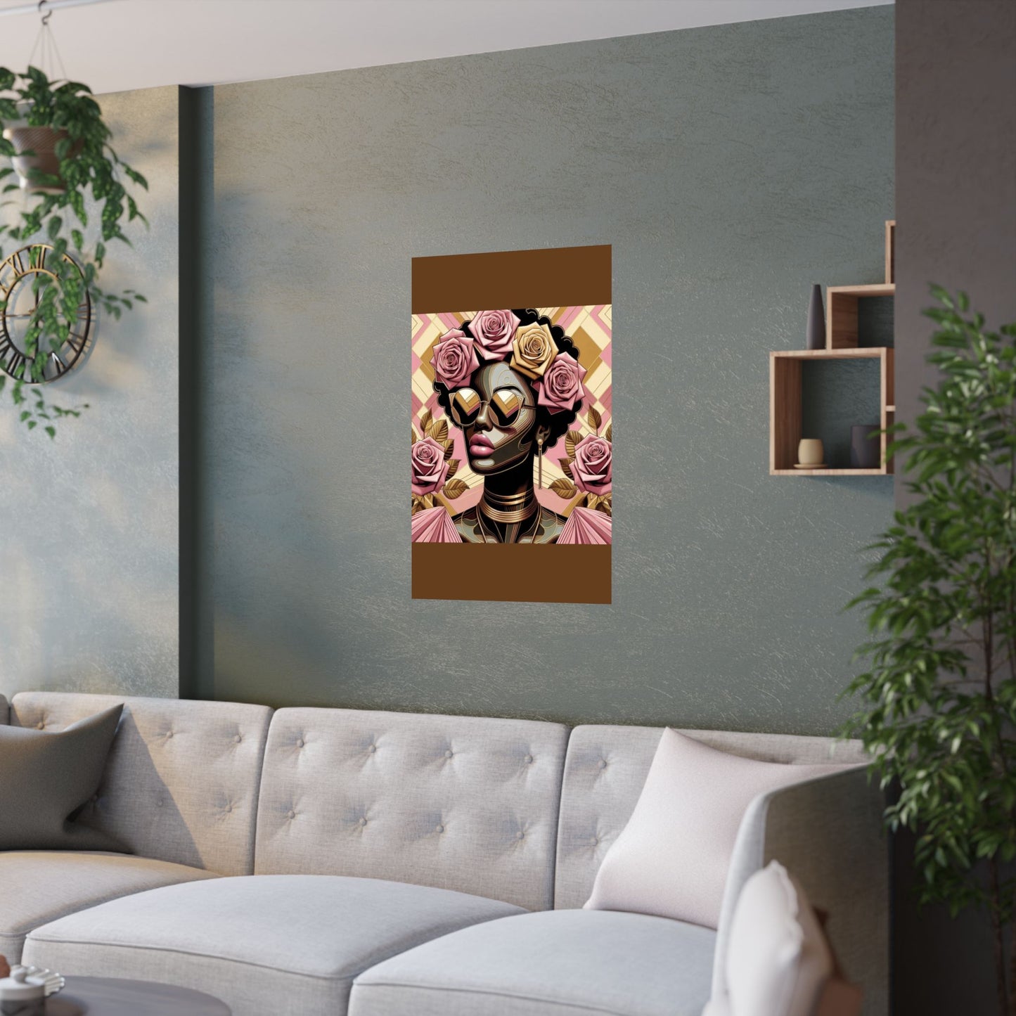 Elegant Satin Poster | Black Woman Art Print | Floral Decor | Modern Wall Art | Home Decor | Gift for Her | Pink Roses Lady