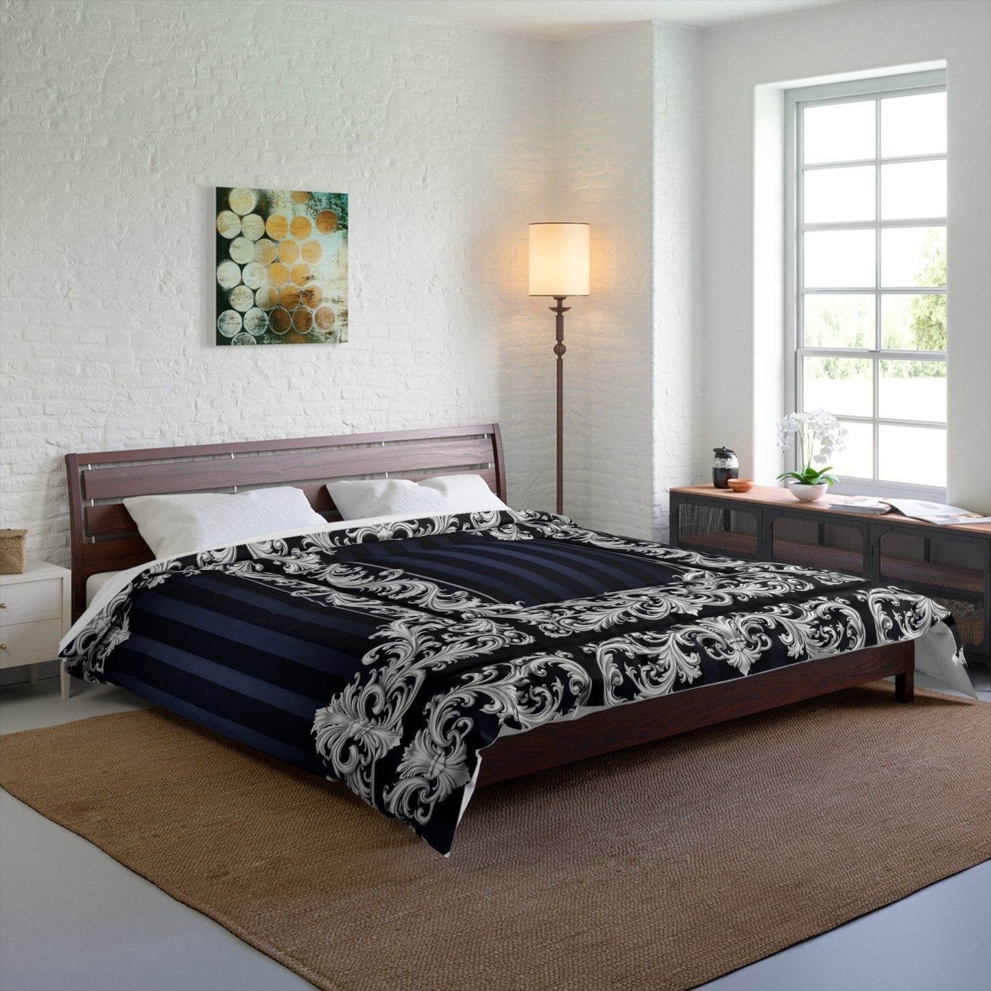 Navy Stripes & Baroque Comforter — Navy & Silver Baroque Bedroom Bedding