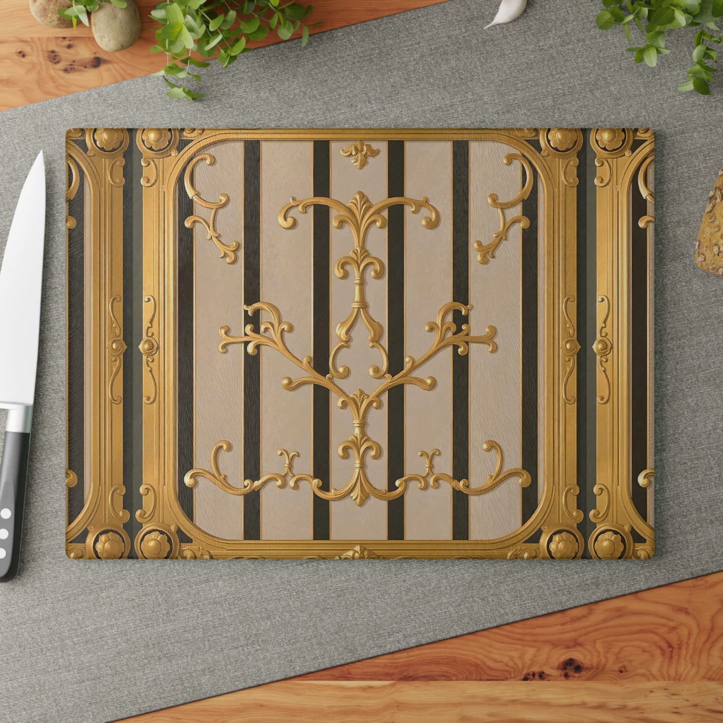 Elegant Decorative Glass Cutting Board | Kitchen Gifts, Home Decor, Wedding Registry, Unique Kitchenware - Beige Striped Gold Rococo