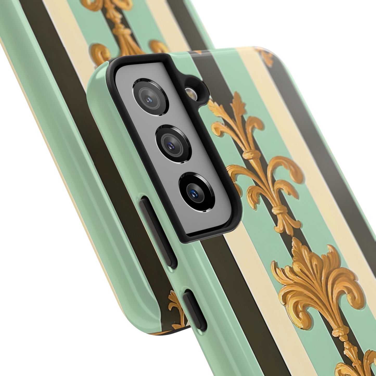 Elegant Floral Tough Phone Cases - Stylish Protection for All Occasions, Gifts for Her, Phone Covers - Black & Matte Mint Striped Rococo