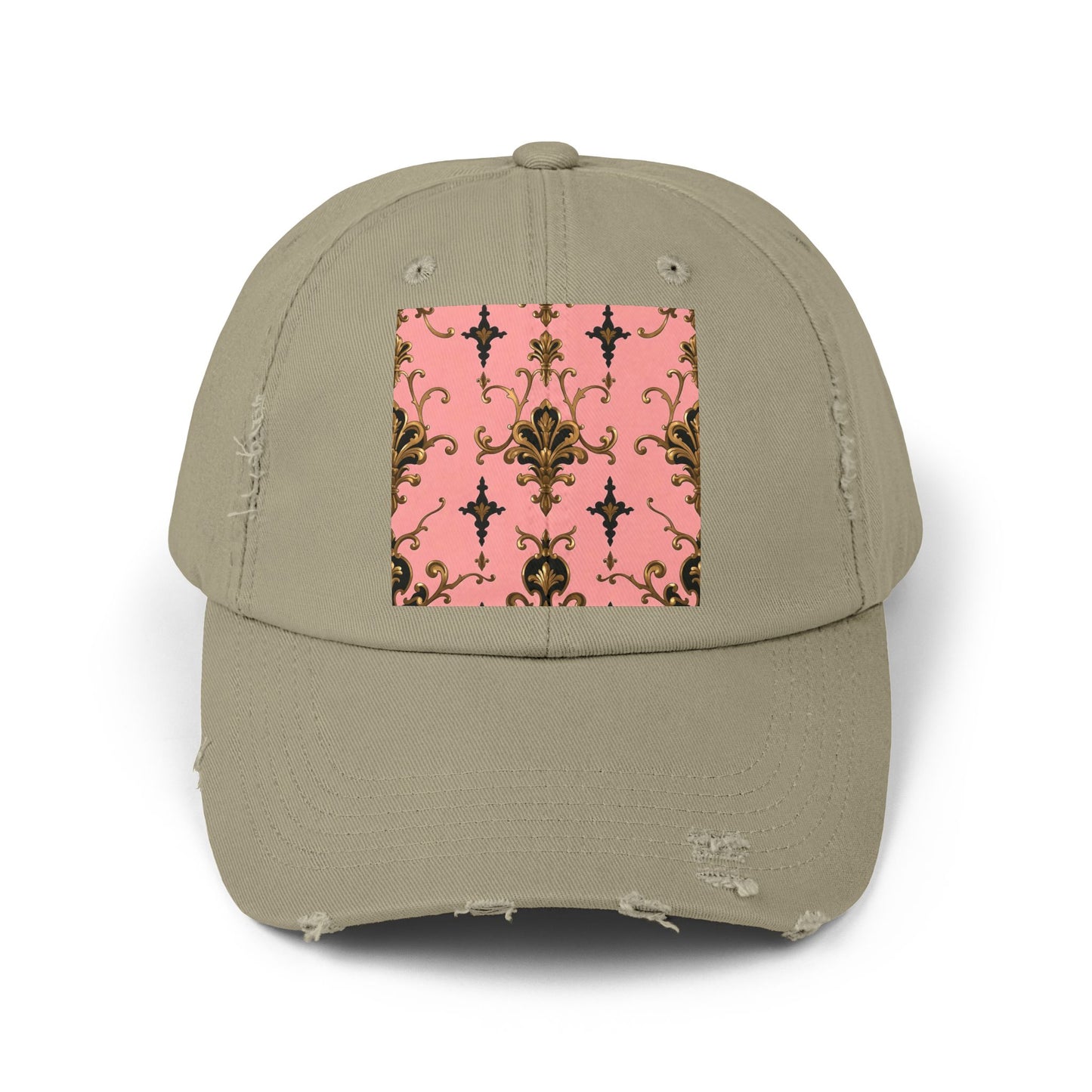 Chic Distressed Cap, Fashionable Baseball Hat, Casual Summer Headwear - Pink, Black & Gold Rococo