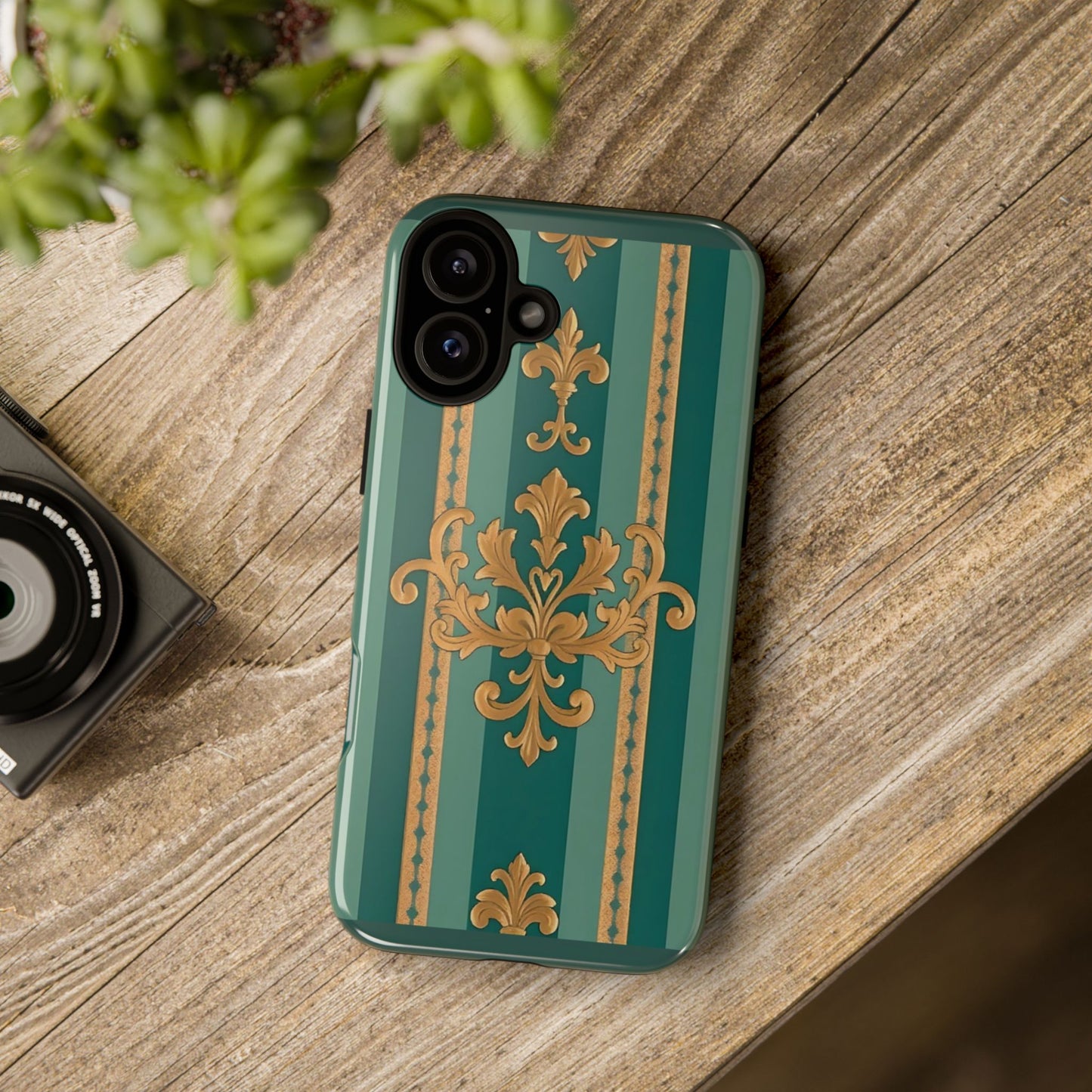 Elegant Floral Motif Phone Case - Tough Cases with Vintage Design - Teal Striped Gold Damask