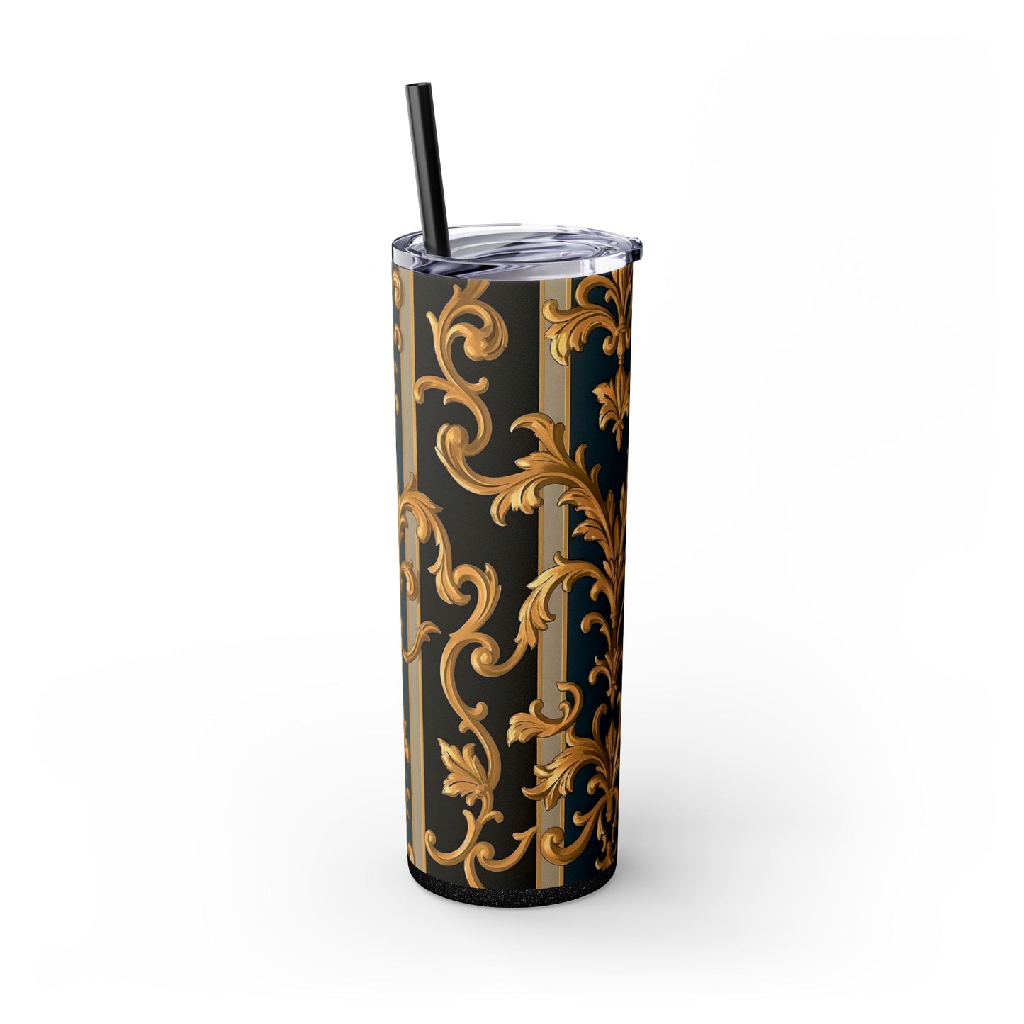 Elegant Gold Floral Skinny Tumbler with Straw, 20oz - Stylish Travel Cup, Gift Idea for Birthdays - Blue & Black Striped Rococo