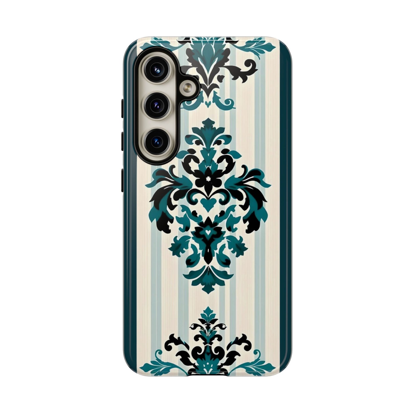 Elegant Floral Phone Case - Tough Cases with Vintage Design - Teal Striped Damask