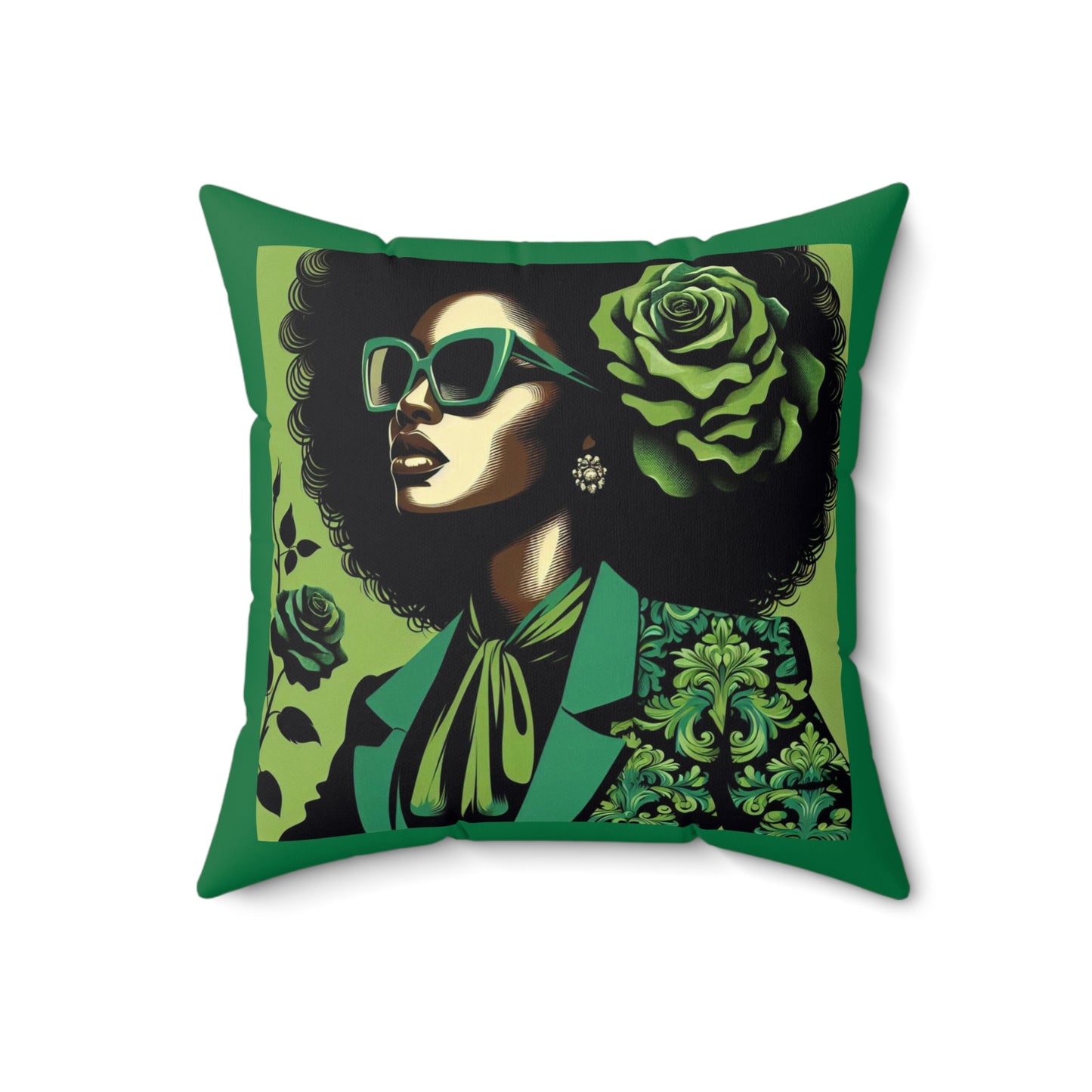 Chic Afrocentric Faux Suede Pillow, Stylish Home Decor, Gift for Her, African American Art, Damask Decor - Lady in Green Damask