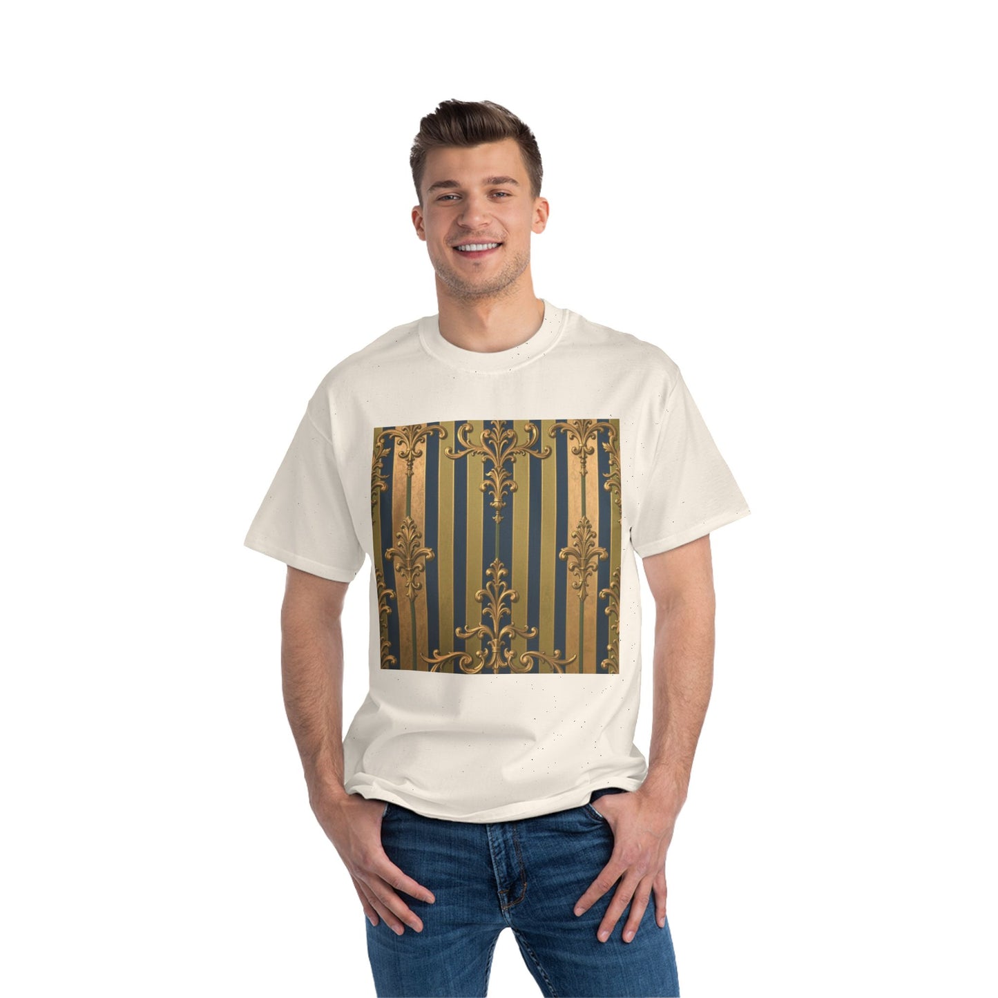 Elegant Midnight Blue & Olive Striped Gold Baroque Short-Sleeve Unisex T-Shirt, Vintage Fashion Tee, Casual Summer Top