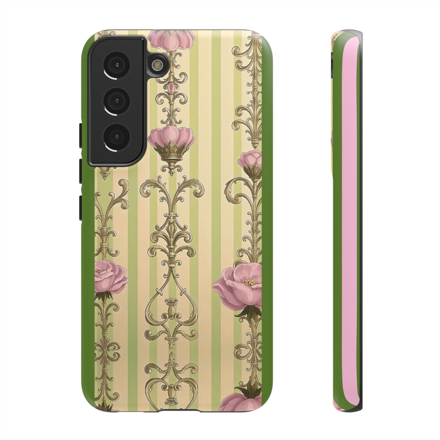 Elegant Floral Motif Phone Case - Tough Cases with Vintage Design - Lime Green & Pink Striped Damask