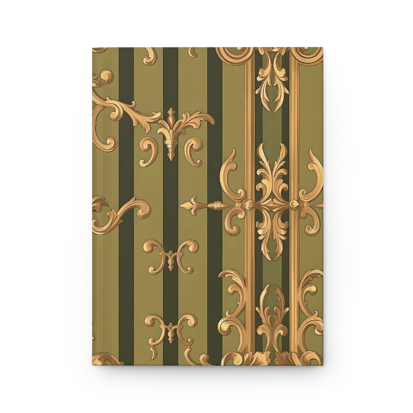 Vintage Floral Hardcover Journal | Elegant Notebook for Writing, Diary, Gifts, Office Supplies - Olive Green Striped Rococo