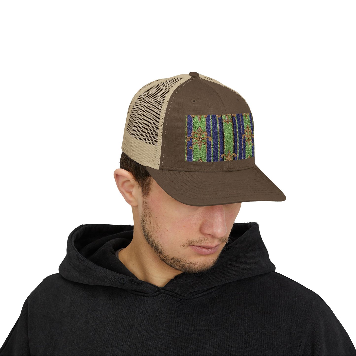 Vibrant Snapback Trucker Cap with Colorful Pattern, Baroque Hat for Festivals, Unisex Cap, Summer Accessory - Green Striped Gold Baroque