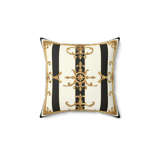 Elegant Faux Suede Square Pillow, Vintage Home Decor, Luxurious Throw Pillow, Living Room Accent, Gift for Her - Black & White Striped Gold Baroque