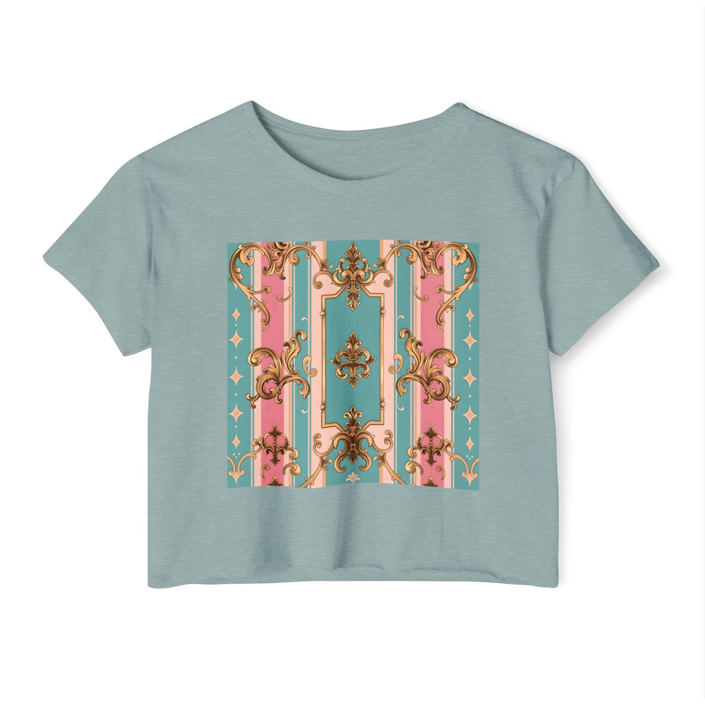Rococo Festival Crop Top, Summer Crop Tee, Music Festival Clothing, Trendy Women's Fashion - Pink & Matte Turquoise Striped Rococo