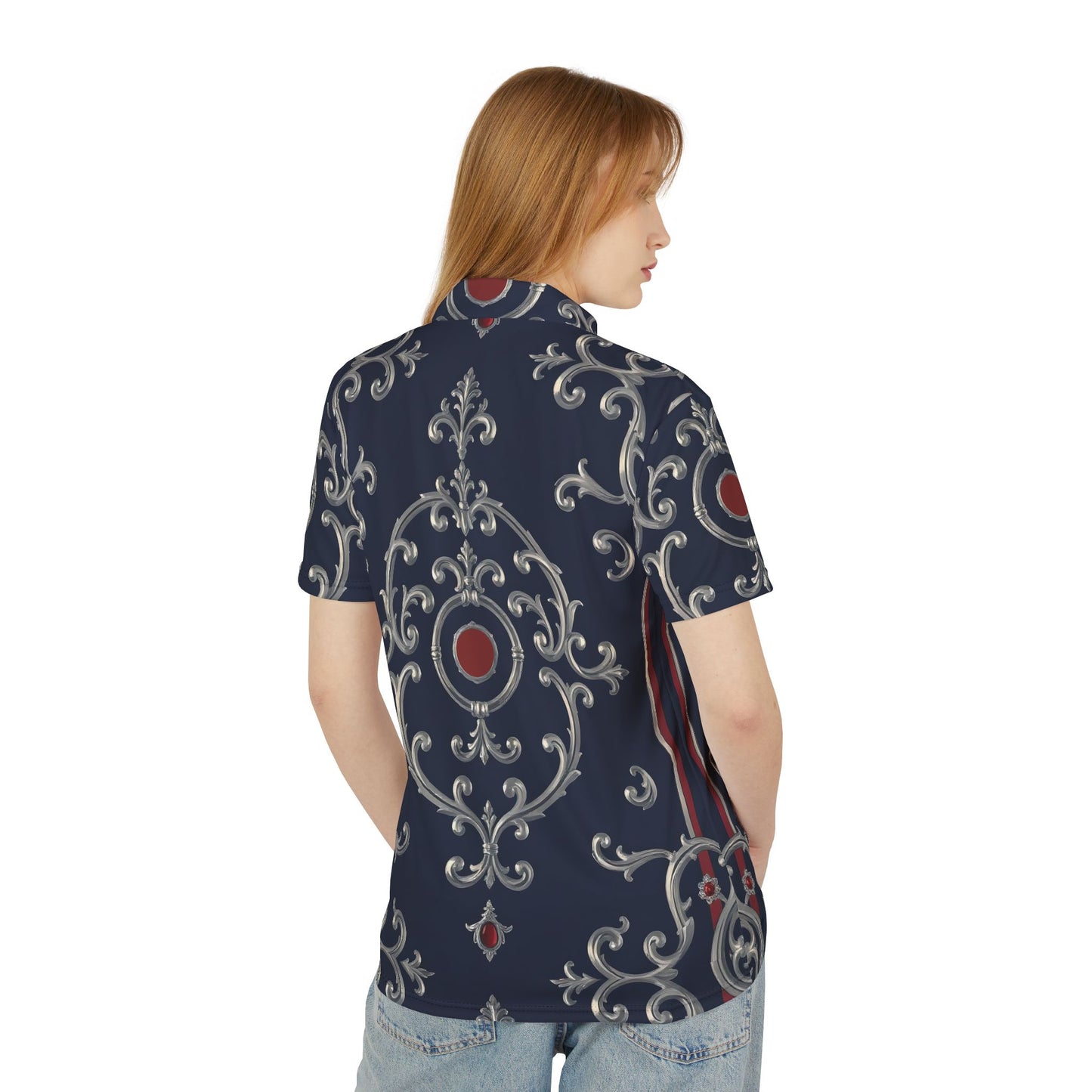 Elegant Unisex Polo Shirt – Stylish Casual Wear, Summer Fashion, Gifts for Him, Unique Gifts - Blue & Red Striped Silver Baroque