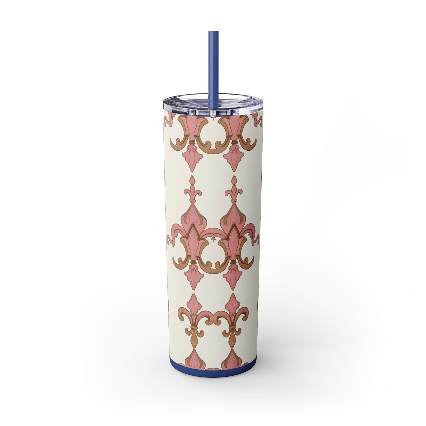 Elegant Floral Skinny Tumbler, 20oz Drinkware, Stylish Travel Mug, Wedding Gift, Personalized Gift, Eco-Friendly Cup - Brown Striped Pink Arabesque