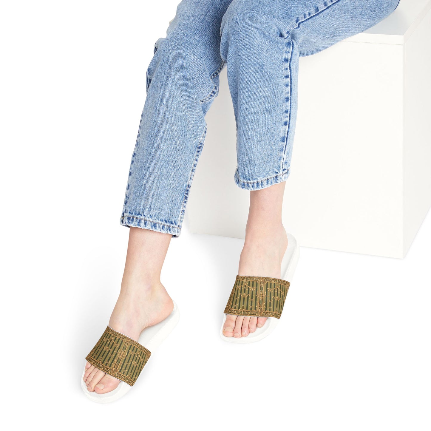 Stylish Women's Removable-Strap Sandals, Summer Footwear, Casual Slip-Ons, Vacation Essentials - Olive Green Striped Rococo