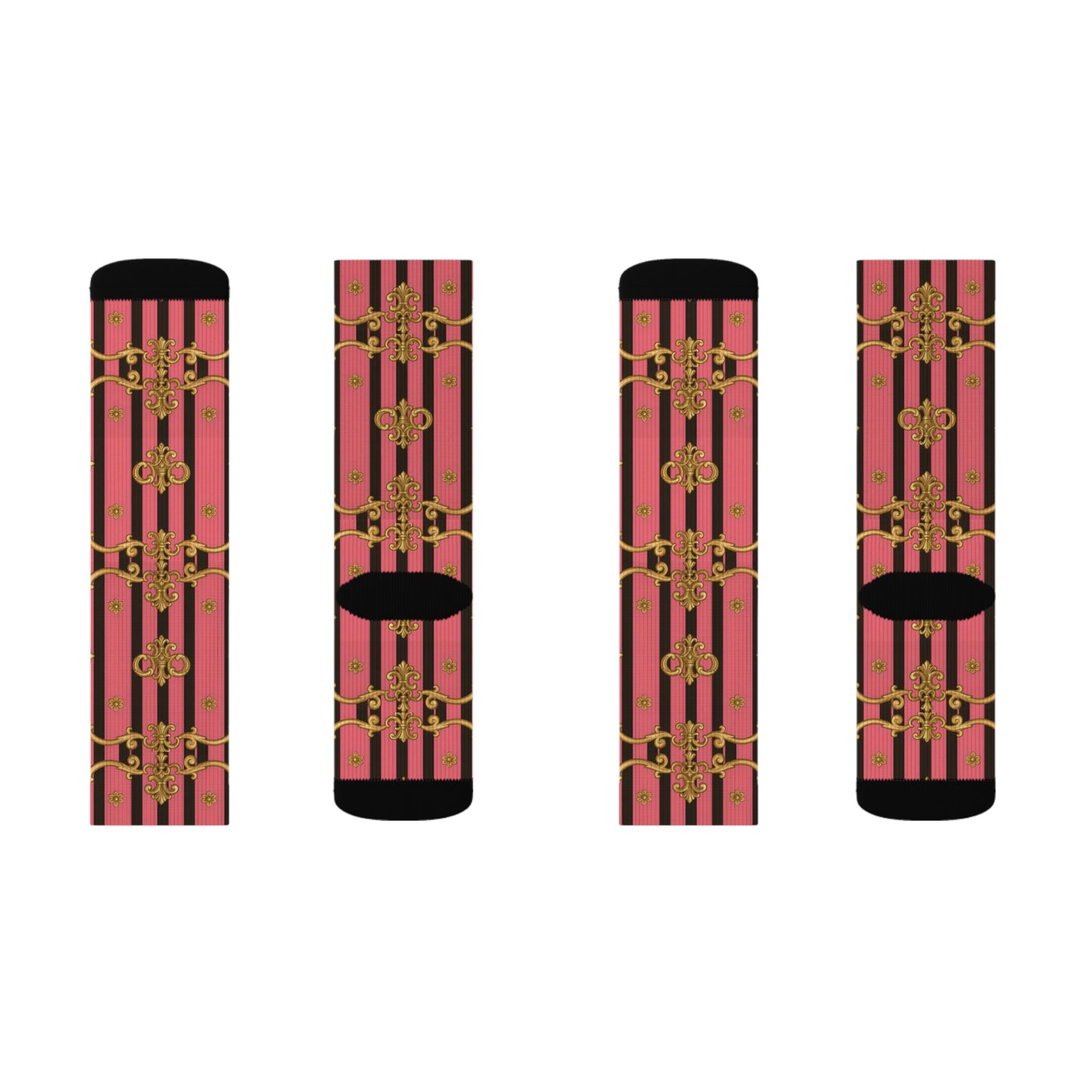 Chic Patterned Sublimation Socks, Fashion Socks, Unique Gift for Her, Trendy Accessories, Cozy Casual Wear - Pink & Black Striped Gold Baroque