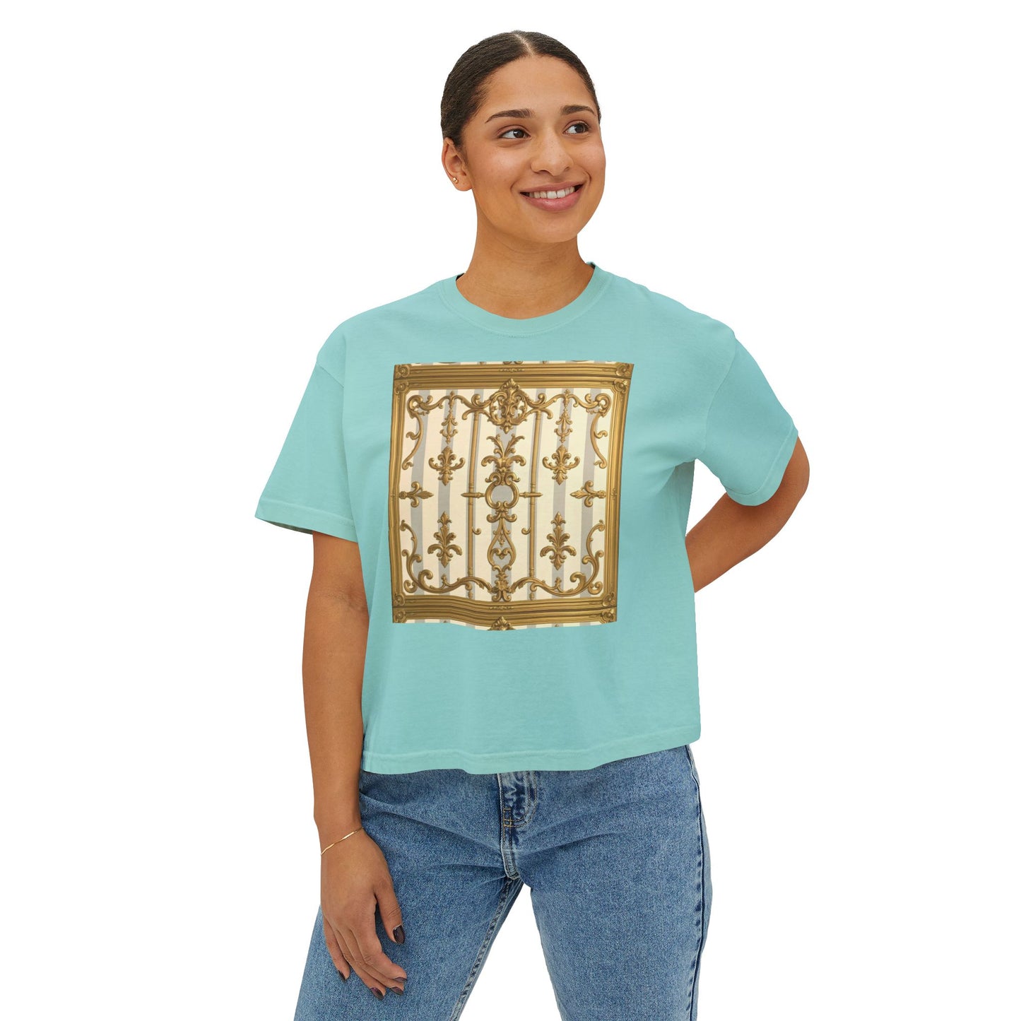 Chic Women's Boxy Tee with Elegant Gate Design, Stylish Casual Wear, Summer Tee, Gift for Her - Matte Gray & Cream Striped Gold Baroque