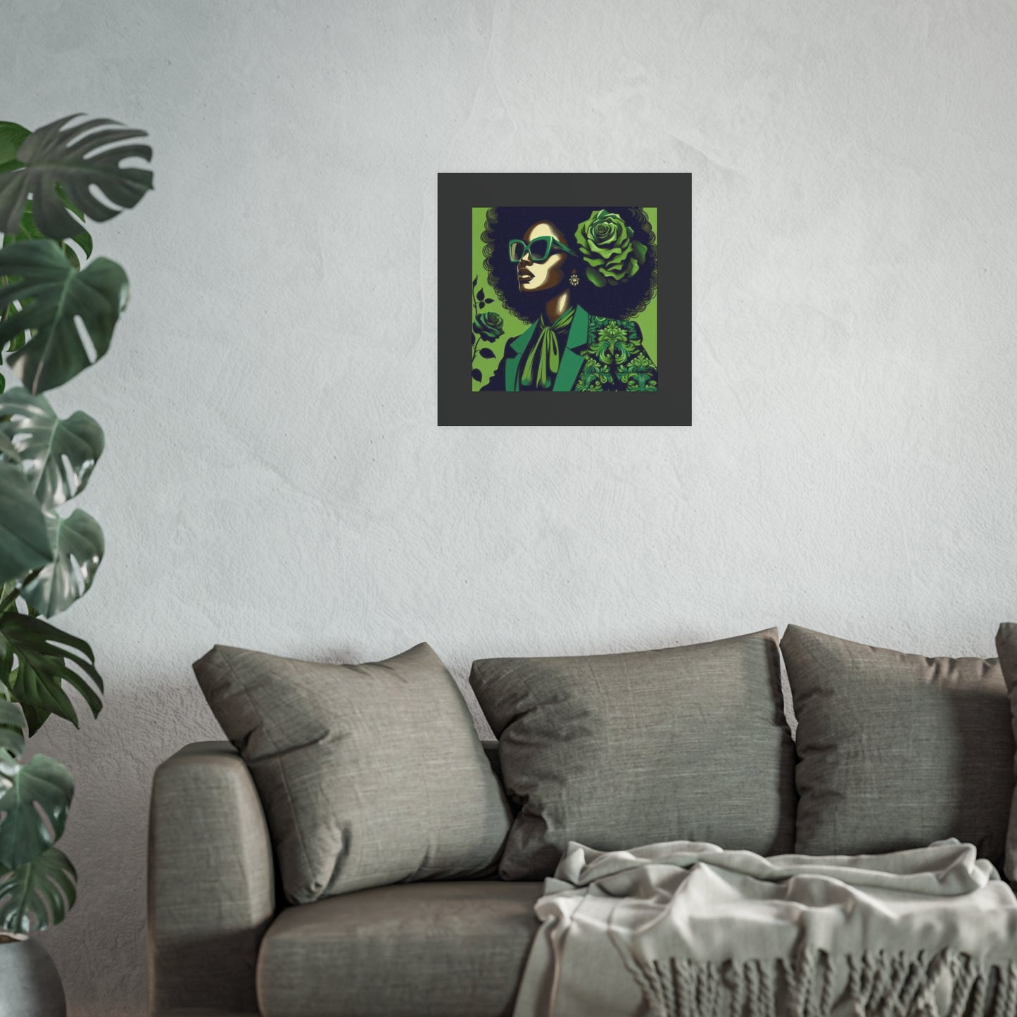 Chic Afrocentric Art Poster, Vibrant Wall Décor, Stylish Home Decoration, Damask Chic Art Print - Lady In Green Damask