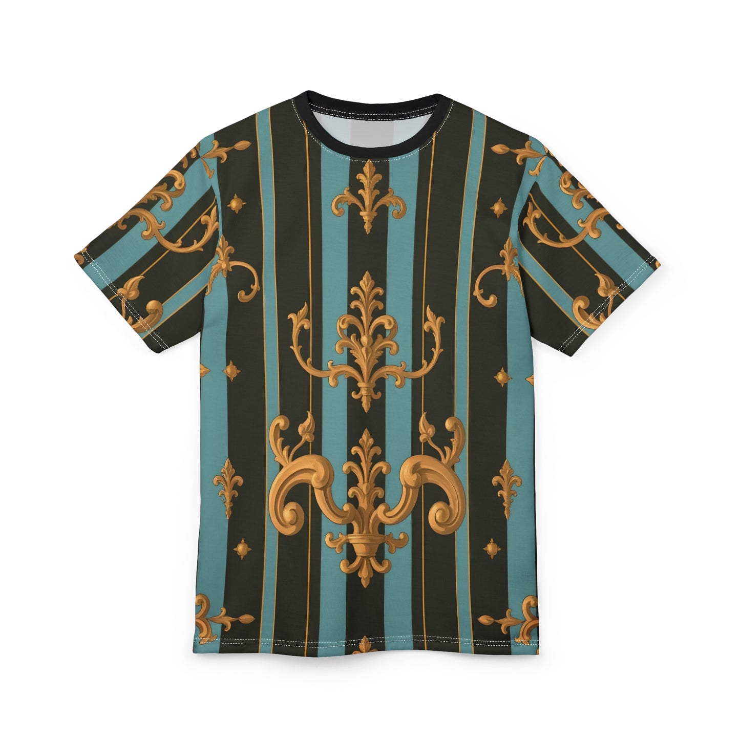 Elegant Patterned Unisex Tee, Vibrant Graphic T-Shirt, Fashionable Casual Top, Unique Gift for Him/Her - Black & Turquoise Striped Baroque