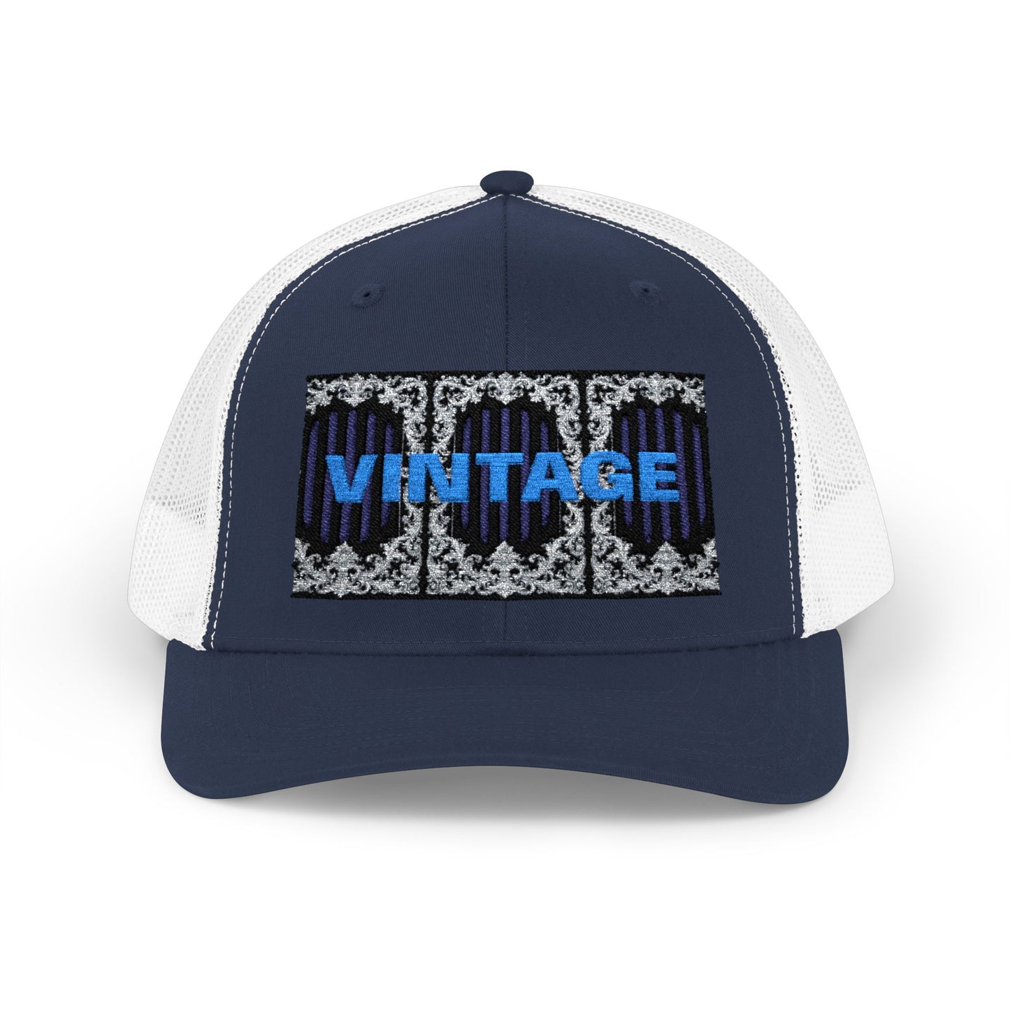 Vintage Navy Stripes & Baroque Trucker Cap — Retro 'VINTAGE' Embroidered Snapback