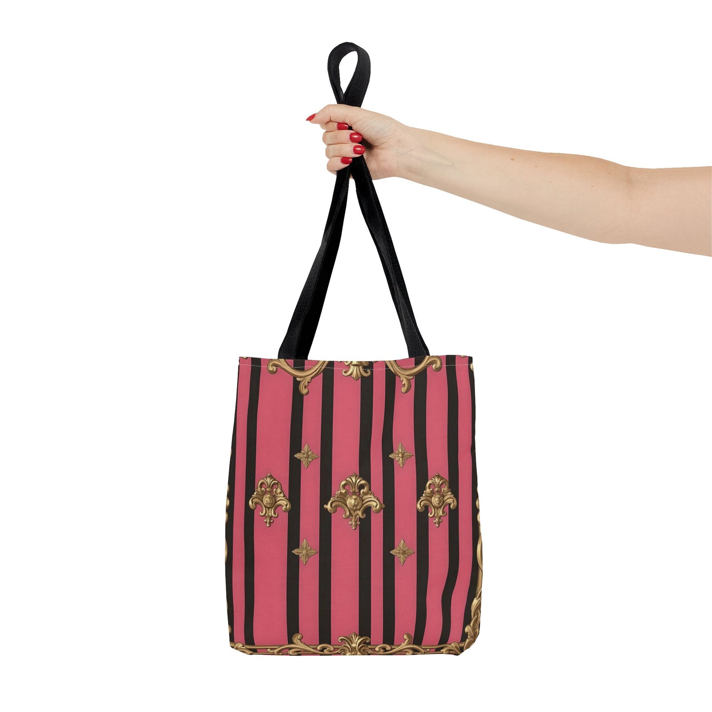 Chic Floral Tote Bag - Elegant Reusable Shopping Bag, Fashion Accessory, Gift for Her, Everyday Use, Eco-Friendly - Pink Striped Gold Rococo
