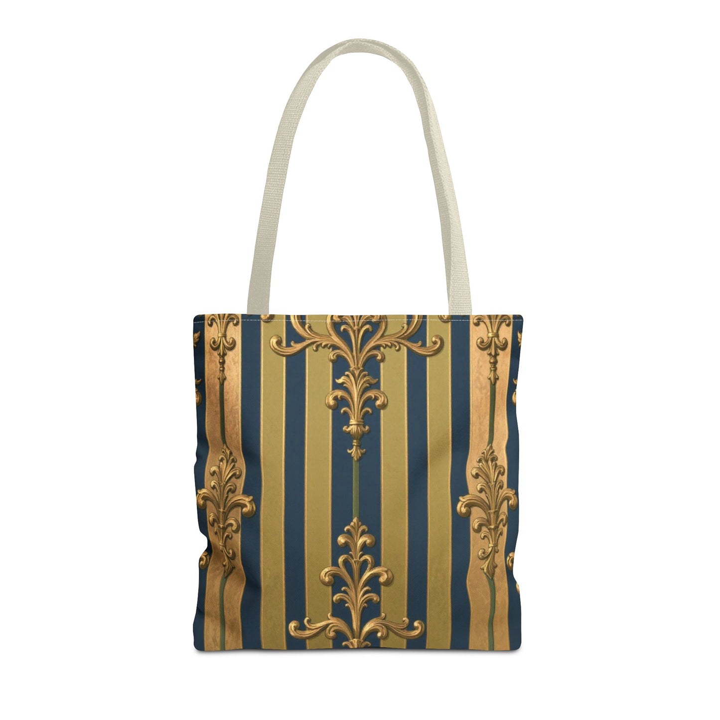 Elegant Midnight Blue & Olive Striped Gold Baroque Golden Striped Tote Bag, Stylish Shopping Bag, Trendy Handbag, Chic Gift for Her
