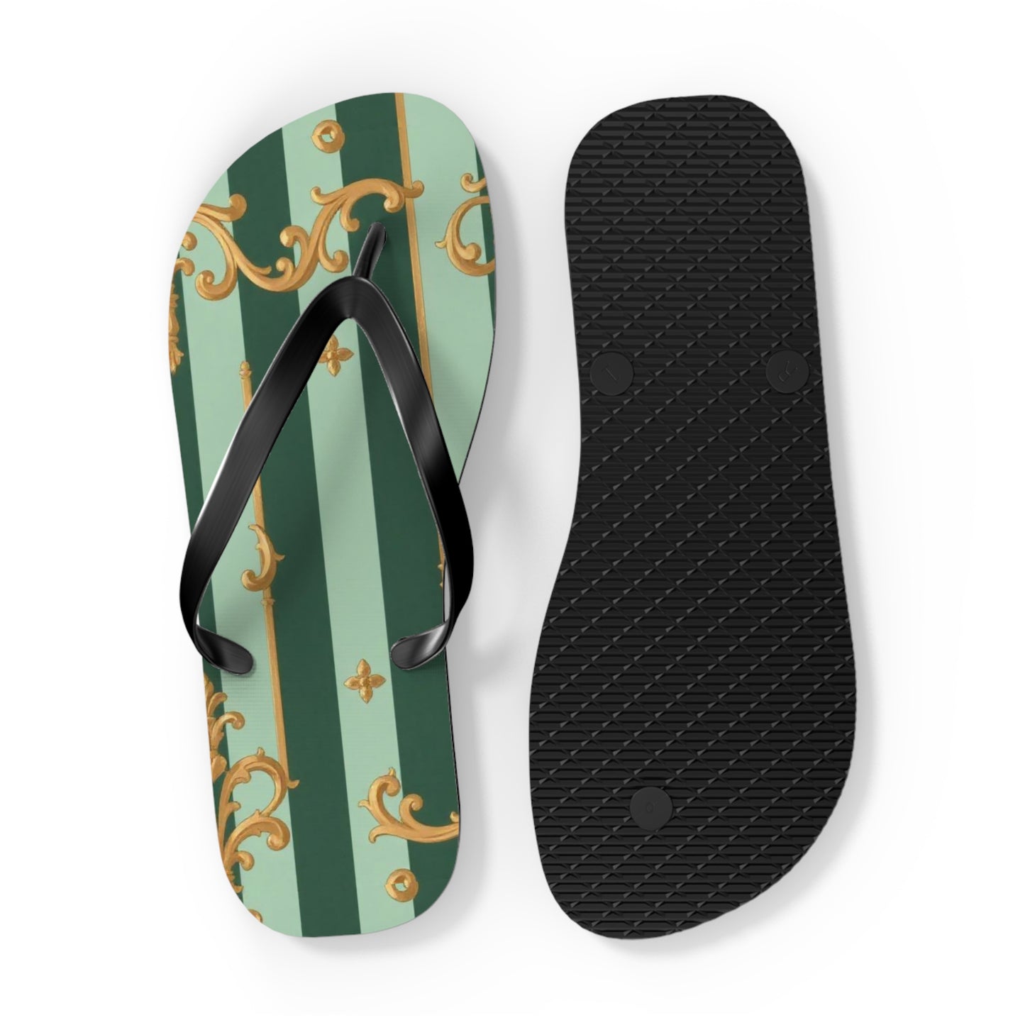 Elegant Patterned Flip Flops for Summer Fun, Beach Sandals, Casual Footwear, Vacation Essentials - Mint Green & Teal Striped Gold Baroque