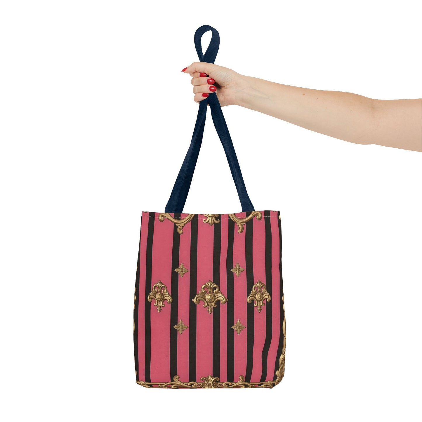 Chic Floral Tote Bag - Elegant Reusable Shopping Bag, Fashion Accessory, Gift for Her, Everyday Use, Eco-Friendly - Pink Striped Gold Rococo