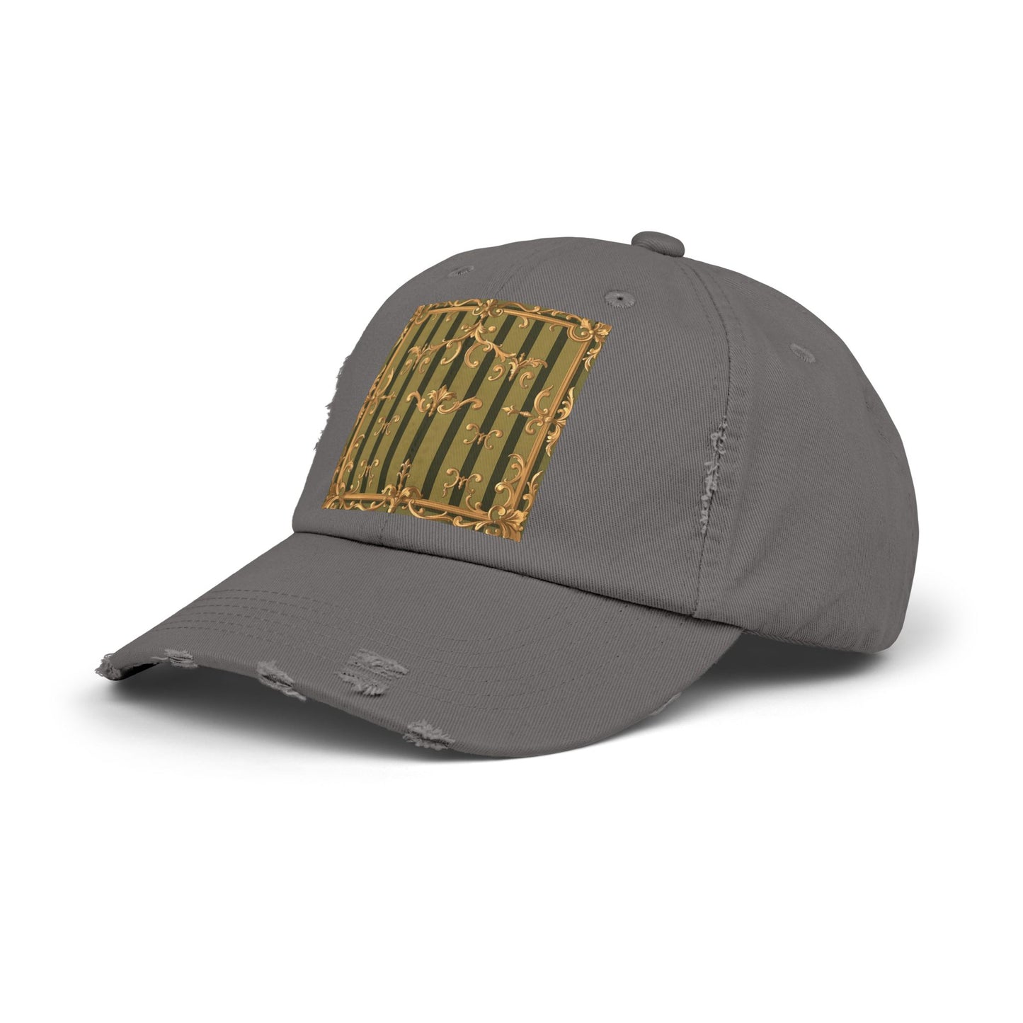 Vintage Distressed Cap with Elegant Gold Design, Fashionable Unisex Hat for Casual Outings - Olive Green Striped Rococo