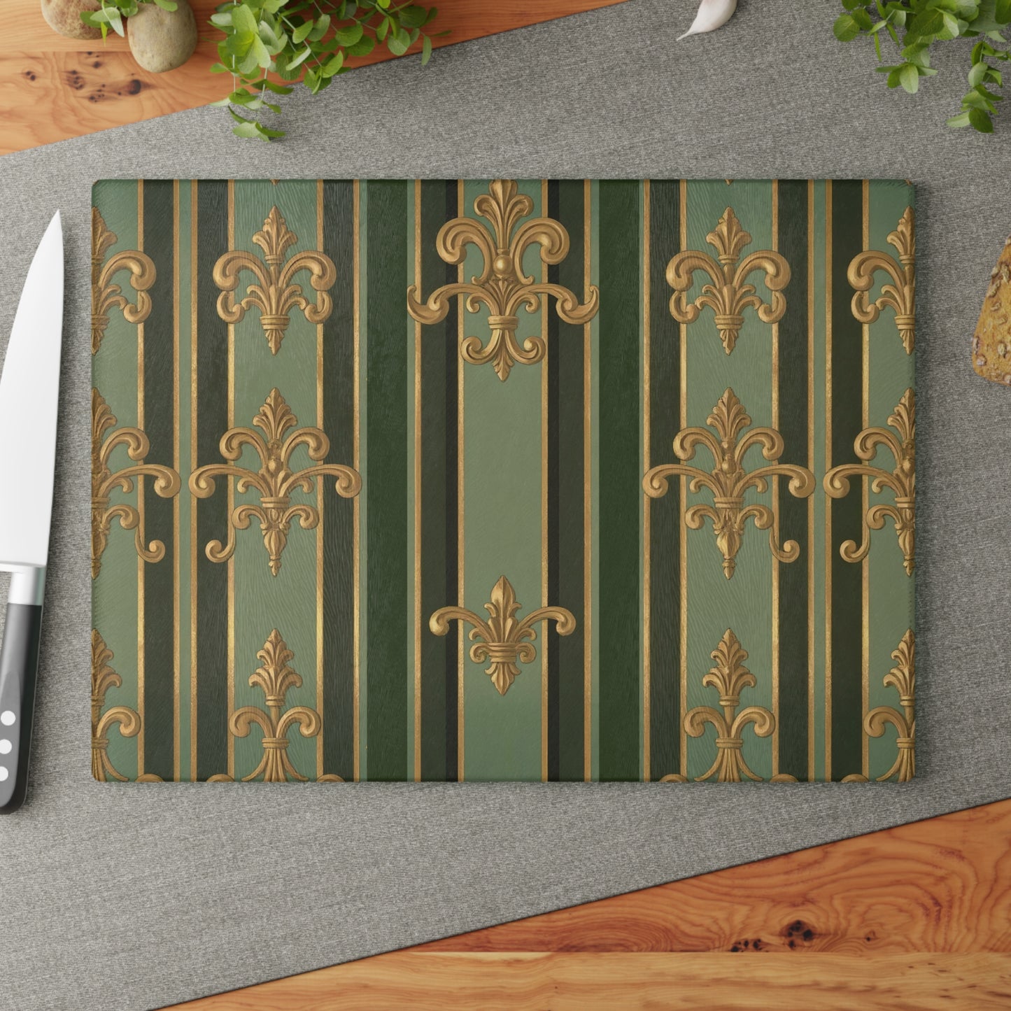 Elegant Glass Cutting Board with Fleur de Lis Design, Kitchen Decor, Wedding Gift, Housewarming Gift, Culinary Art - Green Striped Gold Baroque