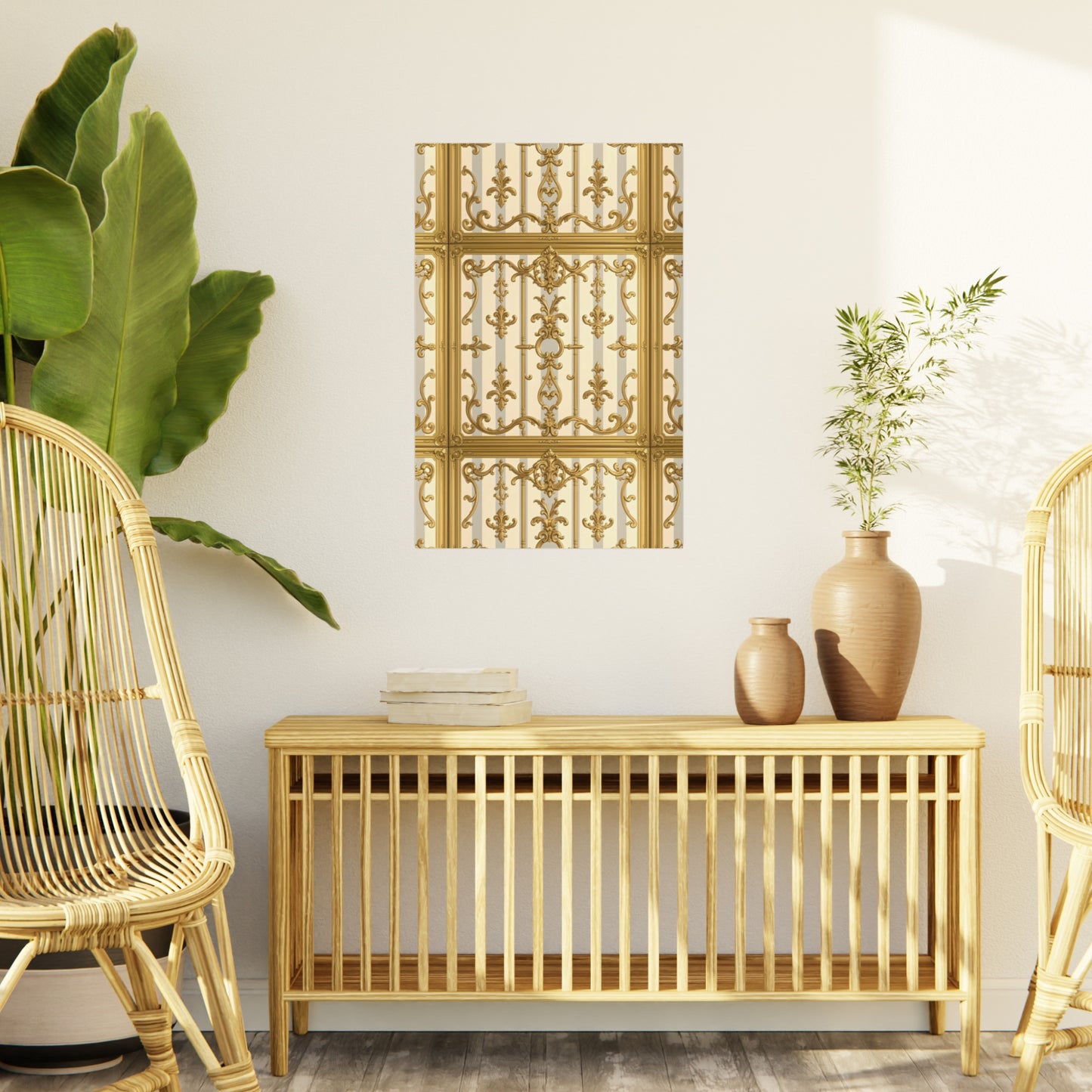 Elegant Ornate Foam Board Art - Luxury Wall Décor, Home Decoration, Versatile Display Board - Matte Gray & Cream Striped Gold Baroque