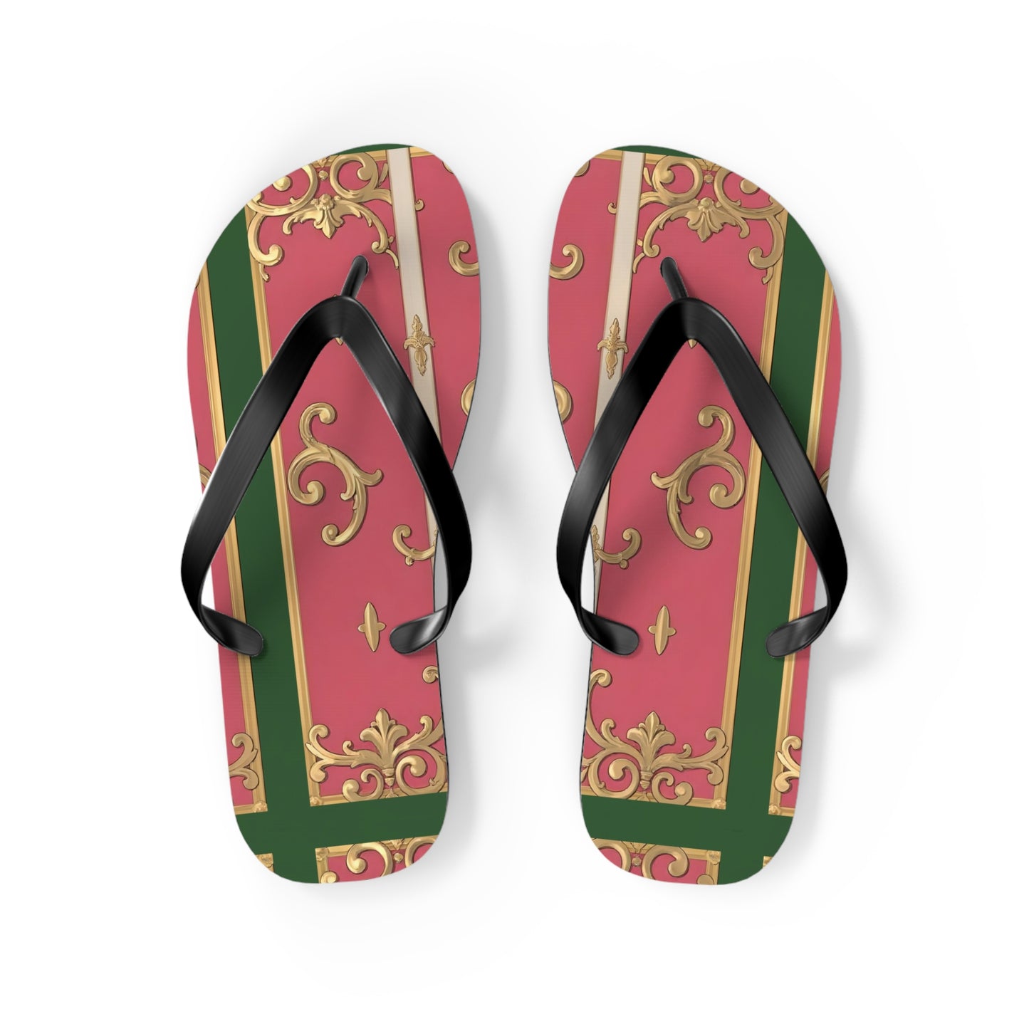 Elegant Green Border Pink Striped Baroque Flip Flops, Summer Footwear, Vacation Sandals, Beach Accessories, Stylish Thong Slippers