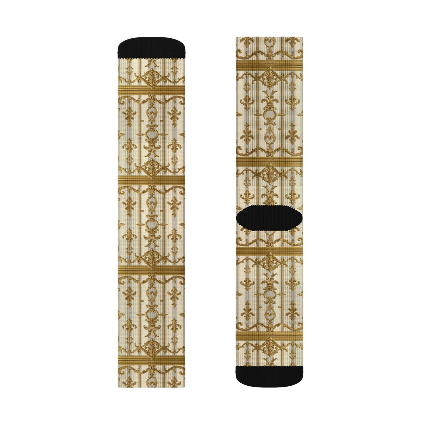 Stylish Sublimation Socks with Elegant Pattern, Unique Gift for Fashion Lovers, Cozy Fashion Statement - Matte Gray & Cream Striped Gold Baroque