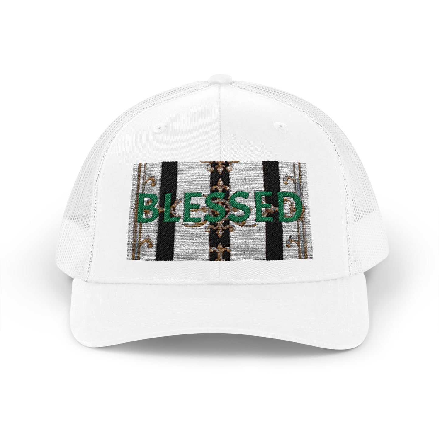 Blessed Snapback Trucker Cap | Casual Style, Outdoor Gear, Faith-Based Gift, Adjustable Hat, Everyday Fashion - Black & White Striped Gold Baroque