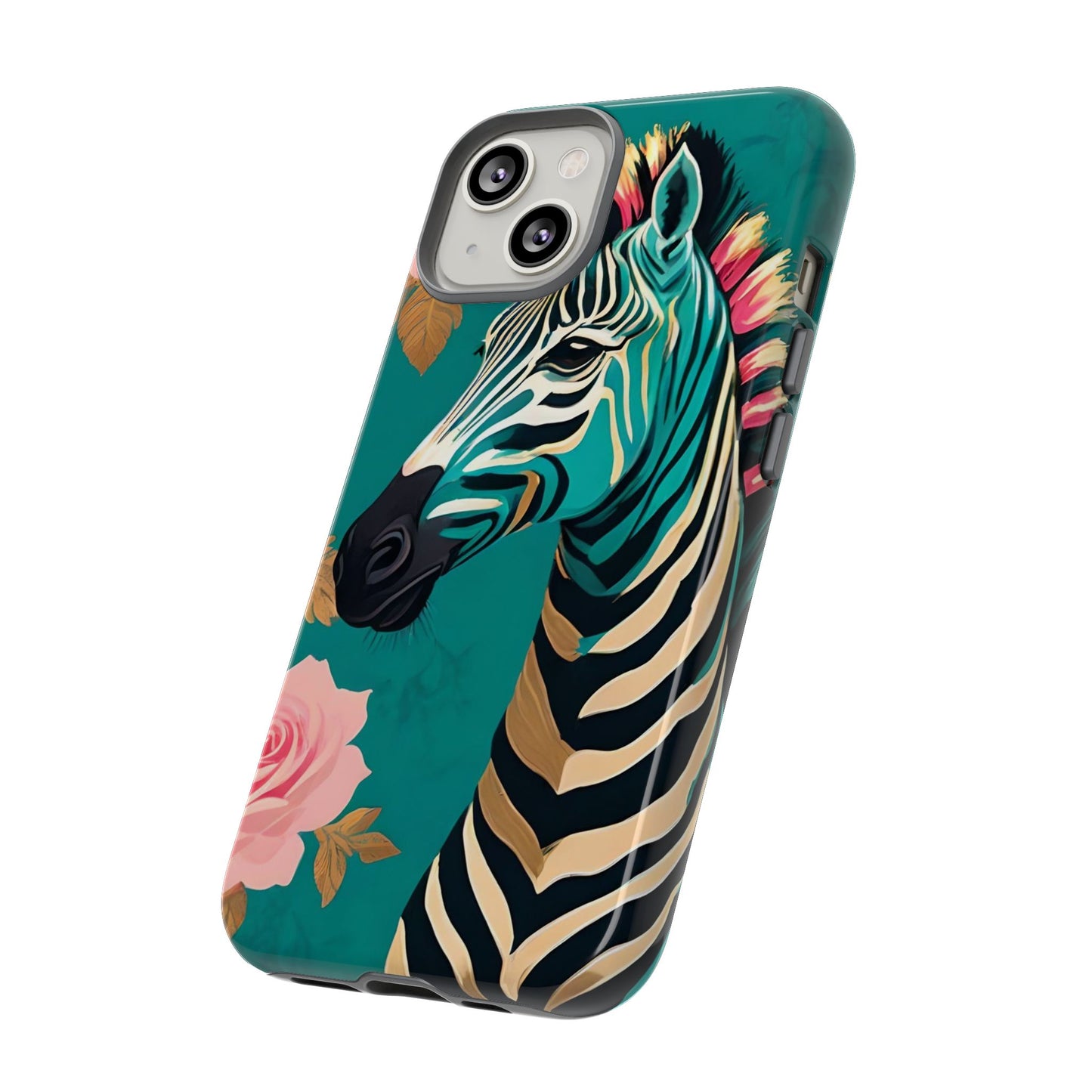 Phone Case - Elegant Teal & Gold Zebra & Roses Design