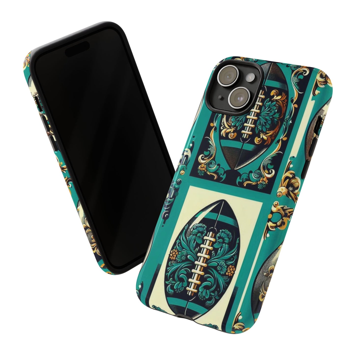 Elegant Floral Motif Phone Case - Tough Cases with Vintage Design -  Damask Teal, Gold & Black Footballs