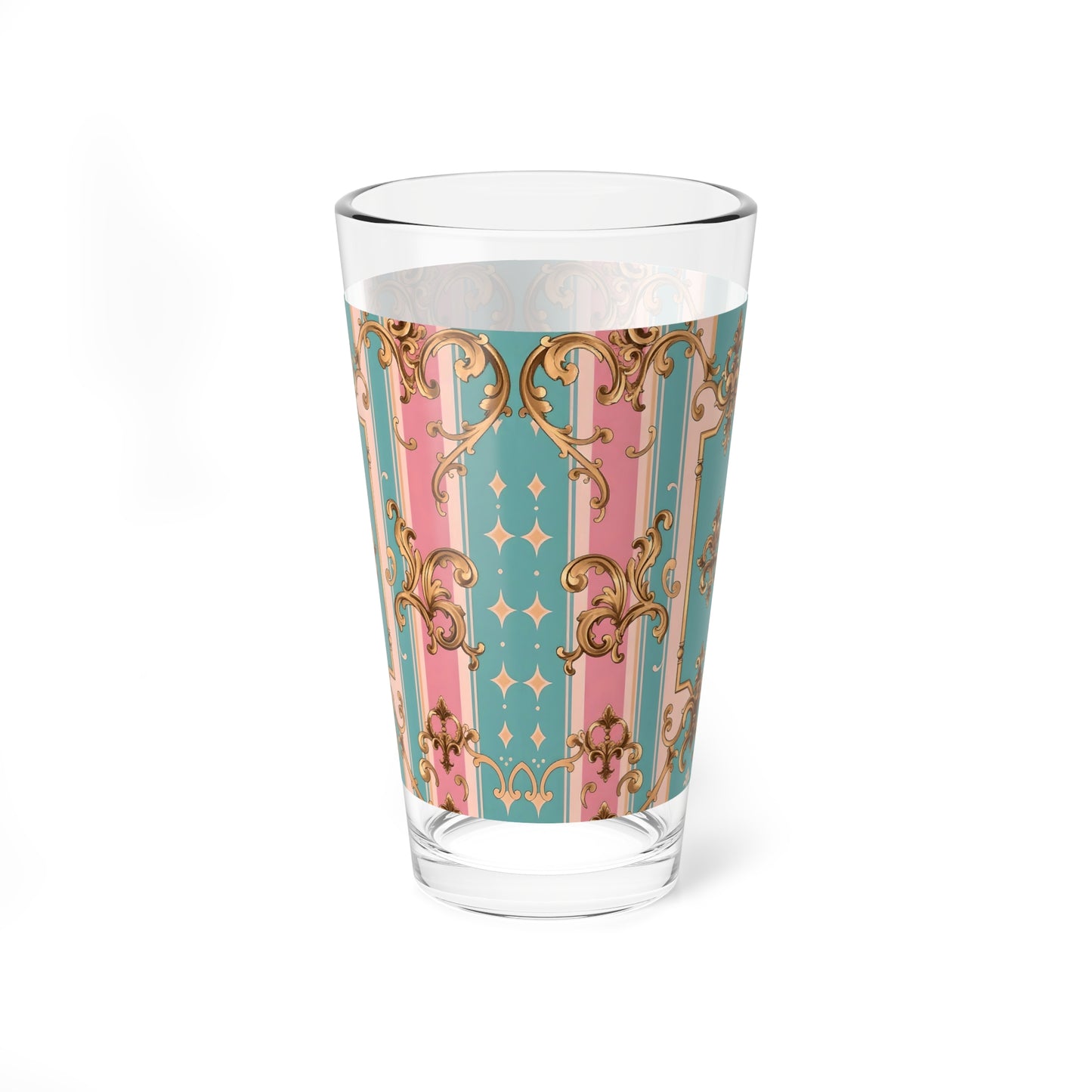 Elegant Mixing Glass, 16oz - Decorative Drinkware for Cocktails, Parties, Home Bar, Gift for Her - Pink & Matte Turquoise Striped Rococo