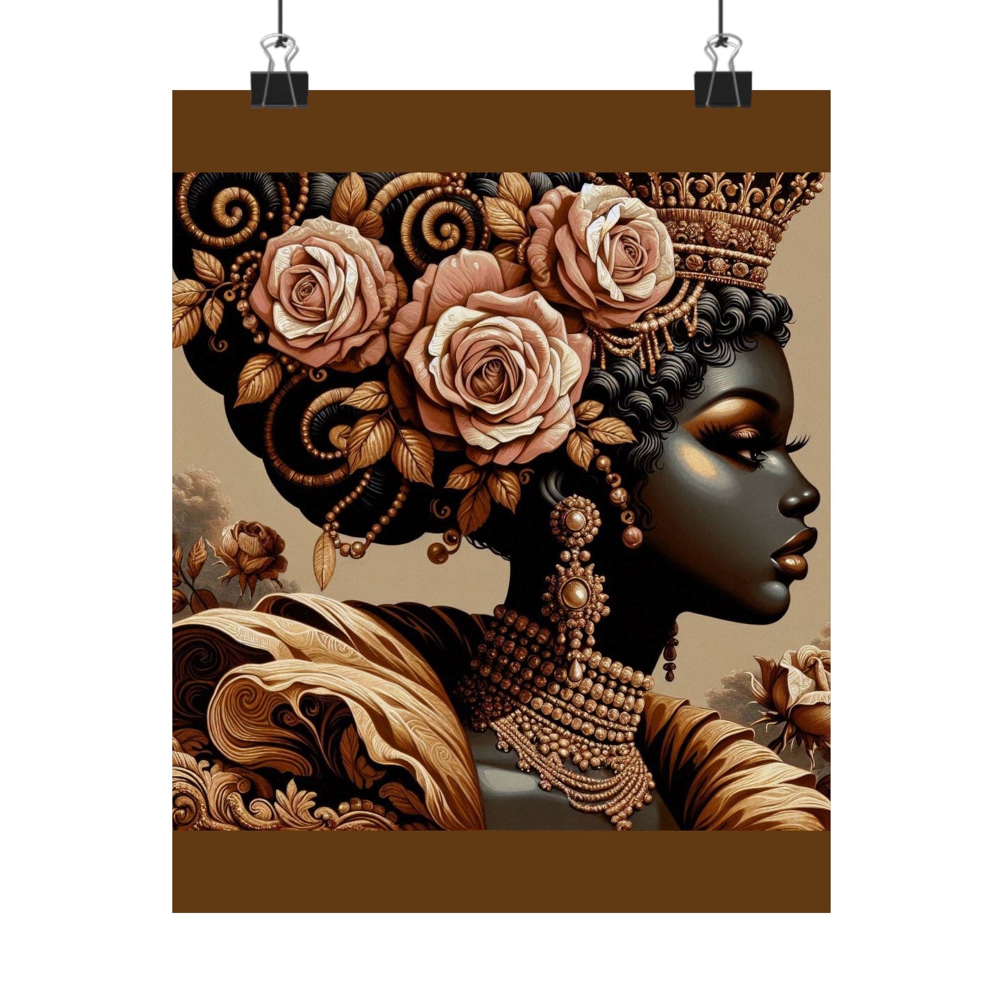 Floral Afro Art Poster - Elegant Matte Vertical Wall Decor - Lady With Peach Roses