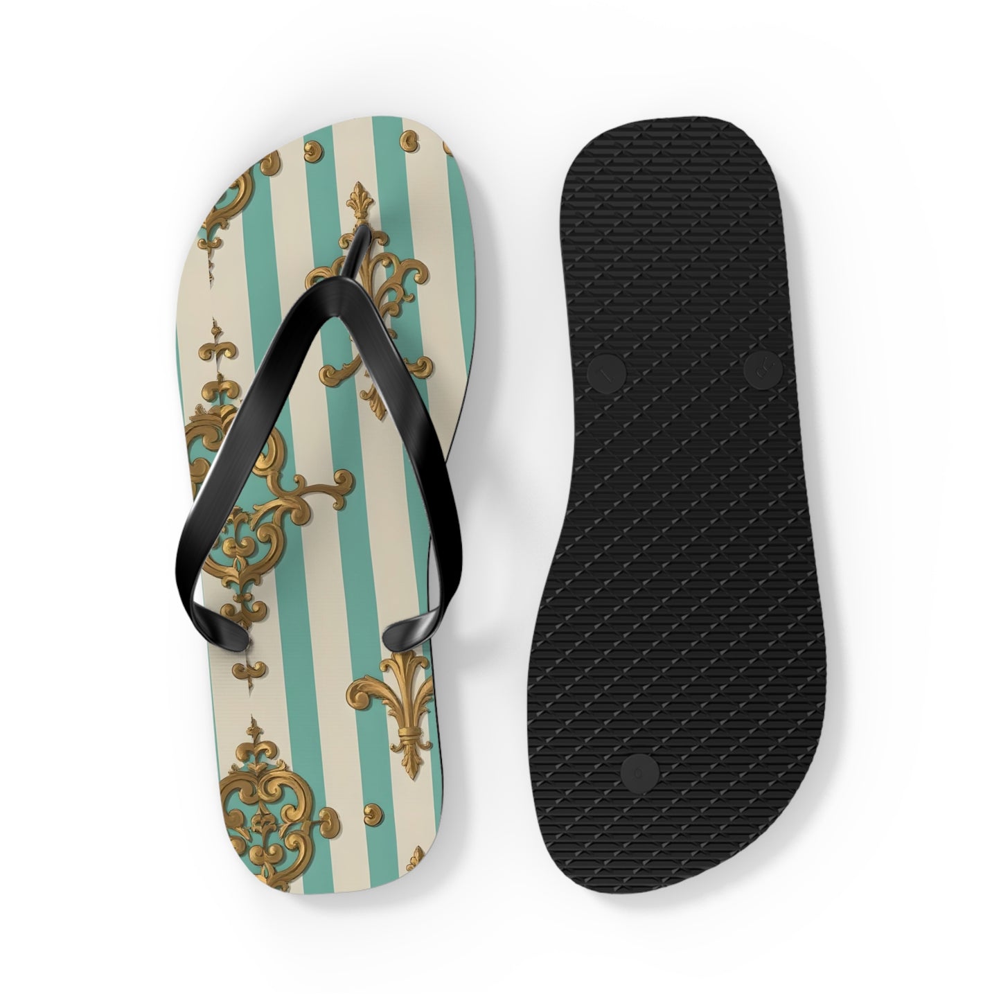 Chic Floral Flip Flops - Summer Sandals, Beach Footwear, Vacation Ready, Boho Style, Gift for Her - Matte Green Striped Rococo