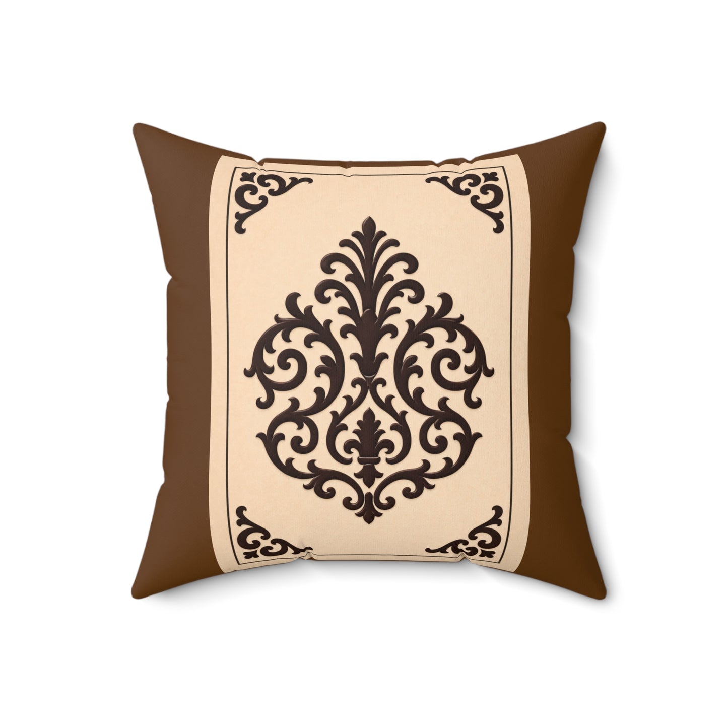 Almond-Beige & Brown Baroque Suede Pillow — Brown Ornate Square Throw Pillow