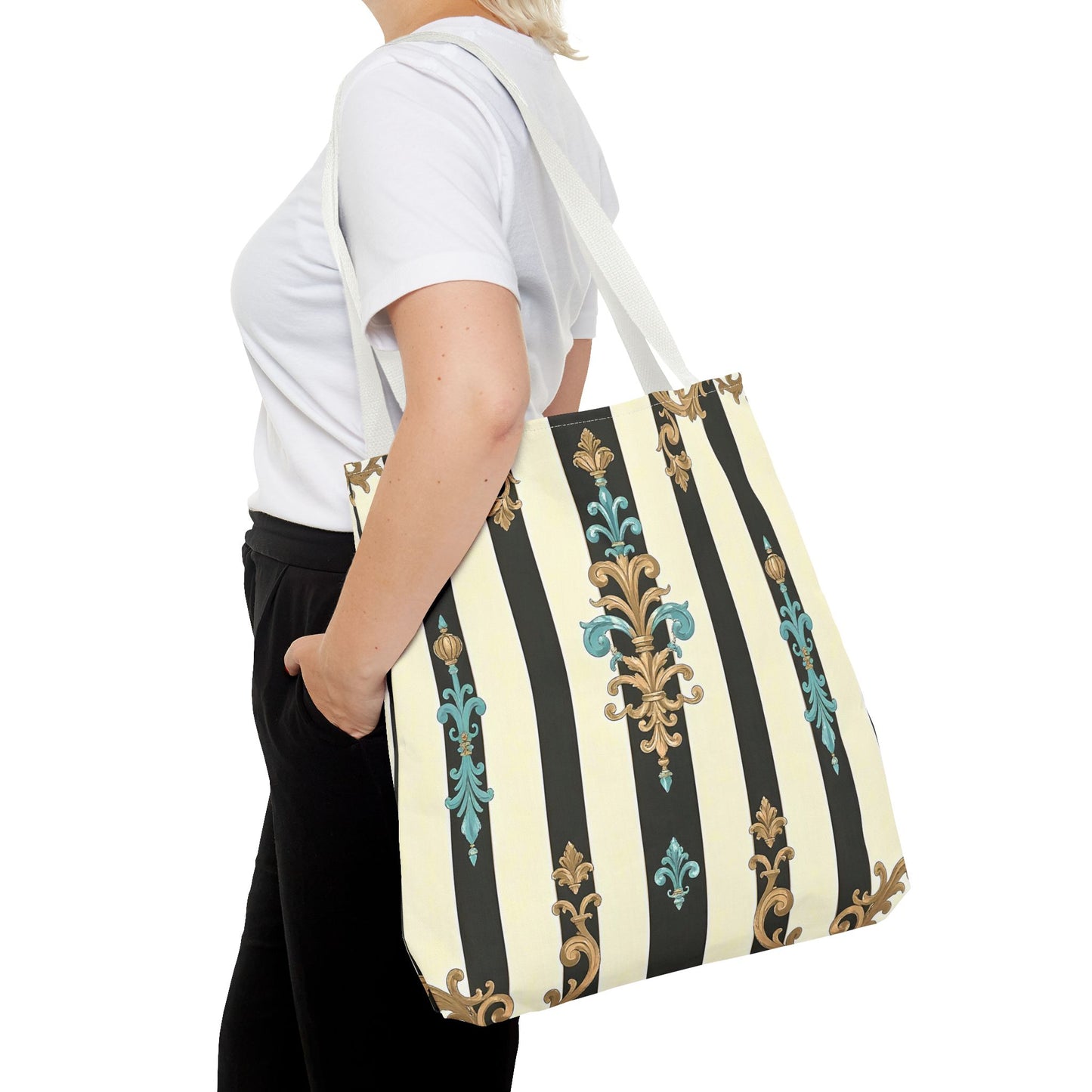 Elegant Stripe Pattern Tote Bag | Fashionable Reusable Shopping Tote, Eco-Friendly Gift Bag - Black Striped Turquoise & Black Rococo