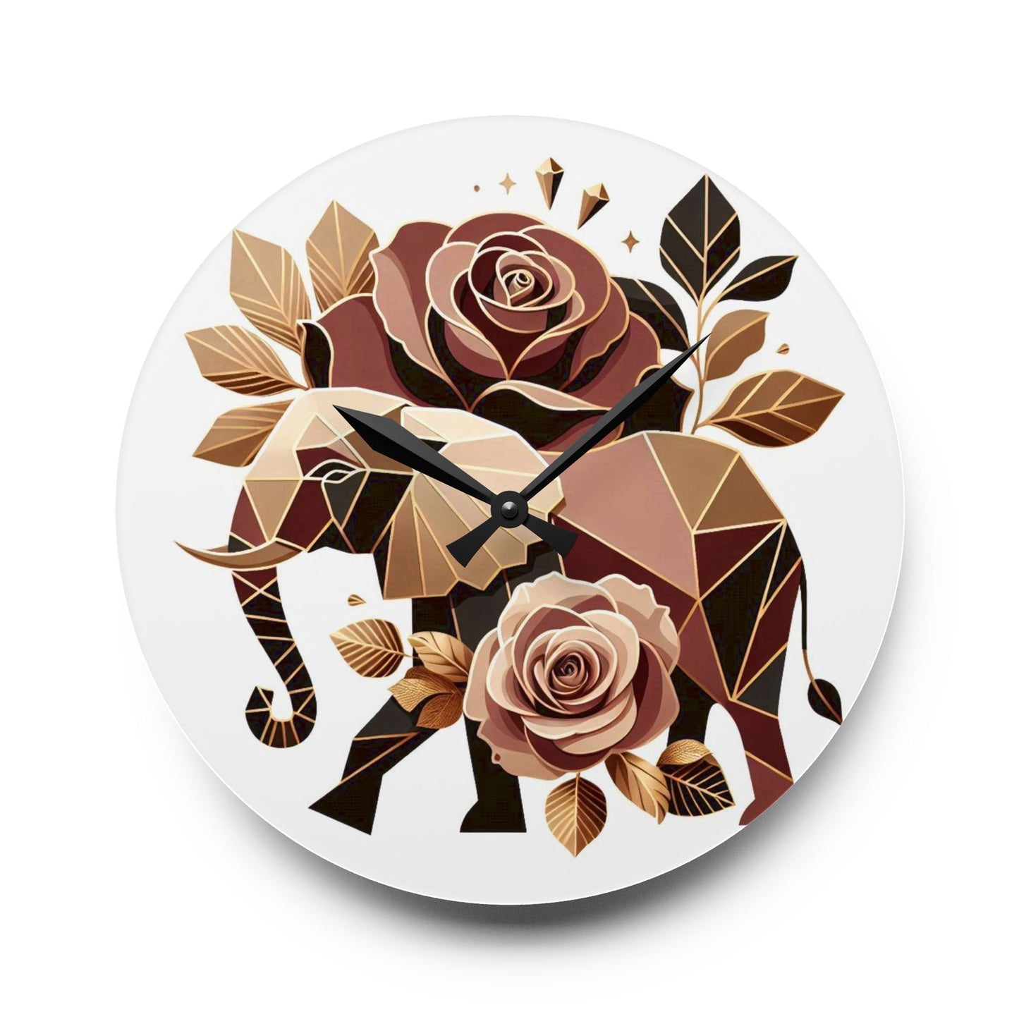 Bohemian Elephant-Inspired Acrylic Wall Clock with Floral Design - Brown & Gold Elephant & Roses Design