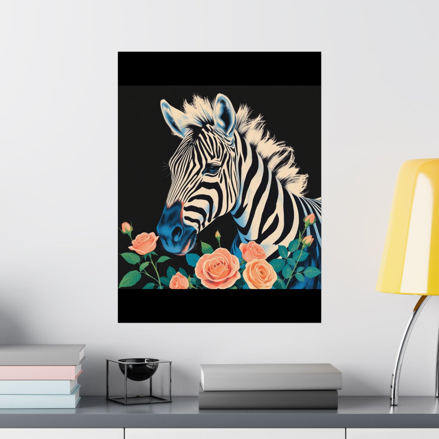 Floral Art Poster - Elegant Matte Vertical Wall Decor - Blue Zebra & Roses