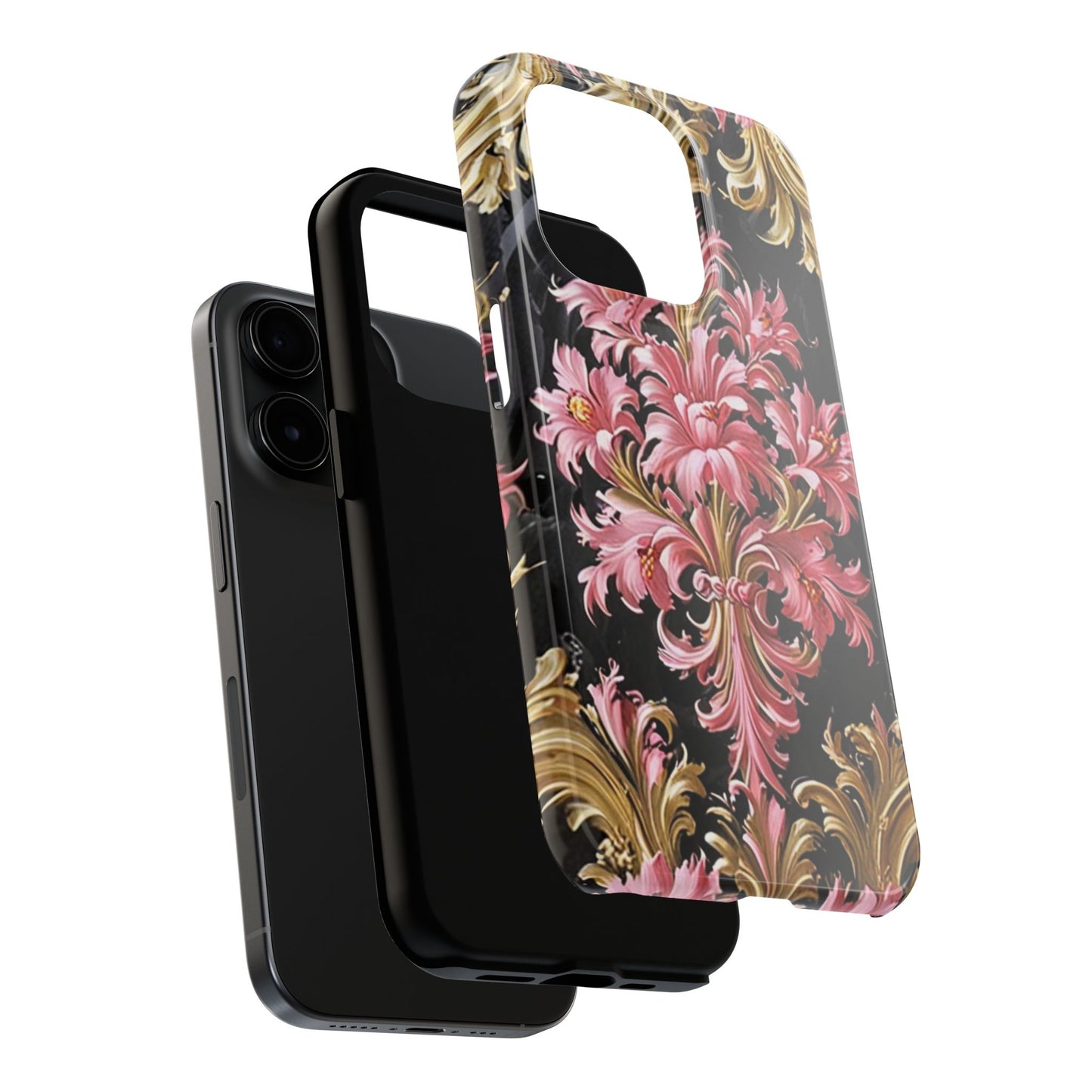 Elegant Floral Tough Phone Cases | Stylish Protection for Her | Gift for Birthdays - Black & Pink Oil Painting Style Rococo