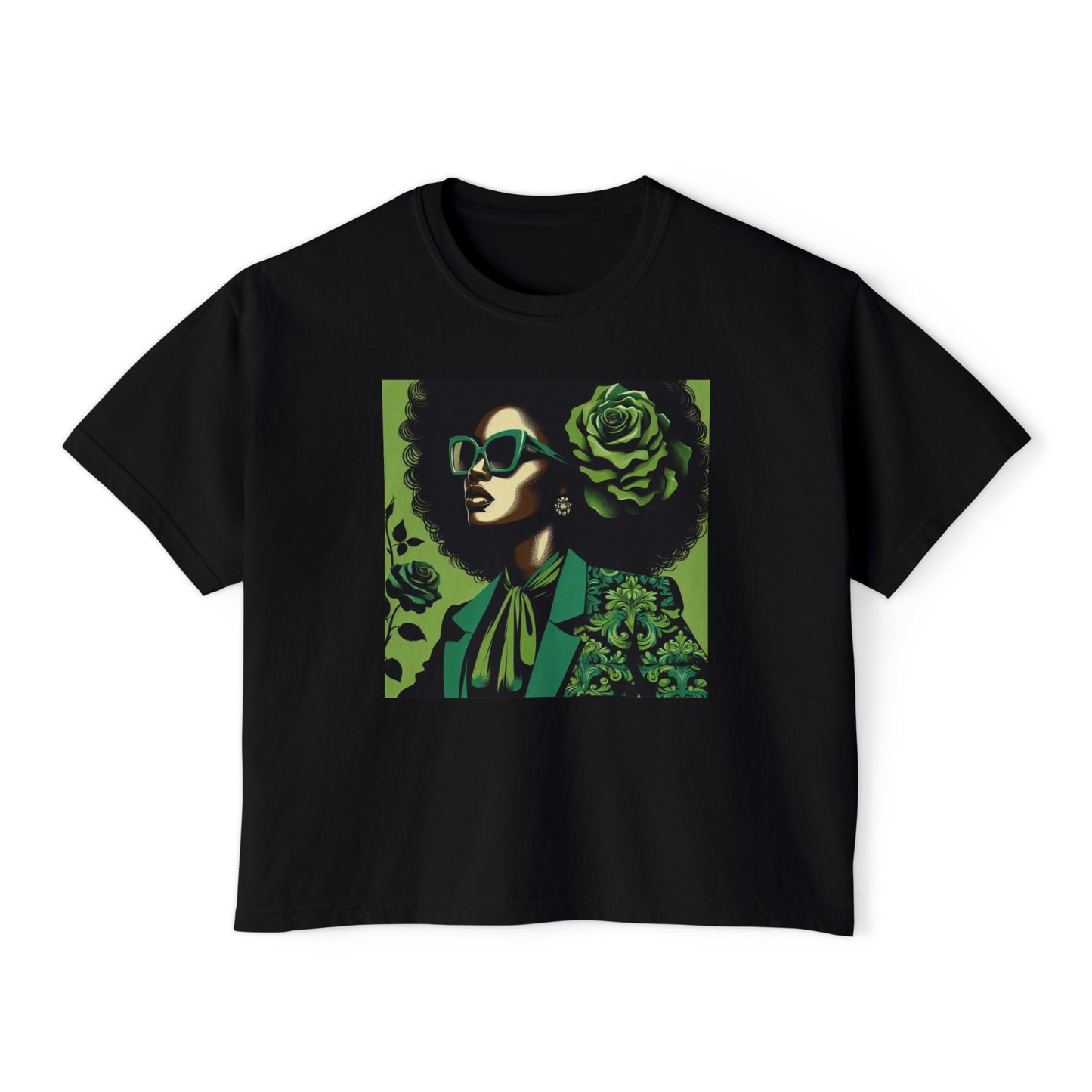 Chic Women's Boxy Tee - Vintage Afro Art, Trendy Casual Look, Gift for Her, Summer Style, Eco-Friendly Fashion - Lady in Green Damask