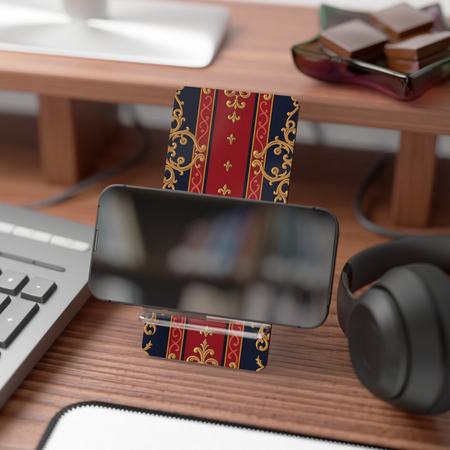 Mobile Phone Stand, Elegant Smartphone Holder, Decorative Desk Accessory, Gift for Office or Home - Midnight Blue & Dusk Red Gold Baroque