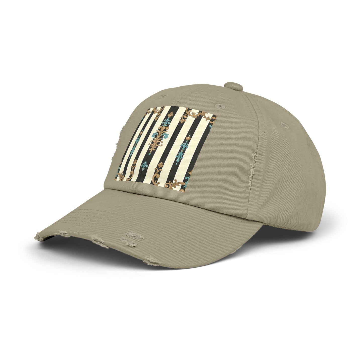 Trendy Distressed Cap for Fashion Lovers, Casual Cap, Gift for Him, Gift for Her - Black Striped Turquoise & Black Rococo
