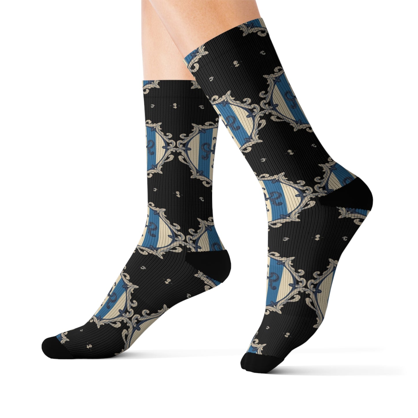 Chic Blue & Alabaster Striped Baroque Patterned Socks for Cozy Fashion, Sublimation Socks, Unique Gift for Her, Stylish Wardrobe Addition