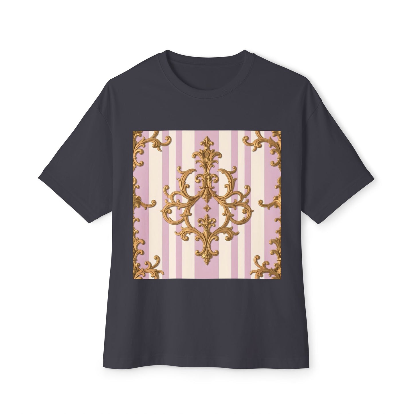 Chic Oversized Boxy Tee for Stylish Comfort, Casual Wear, Graphic Tee, Trendy Fashion, Gifts for Her - Lilac & Alabaster Striped Gold Baroque