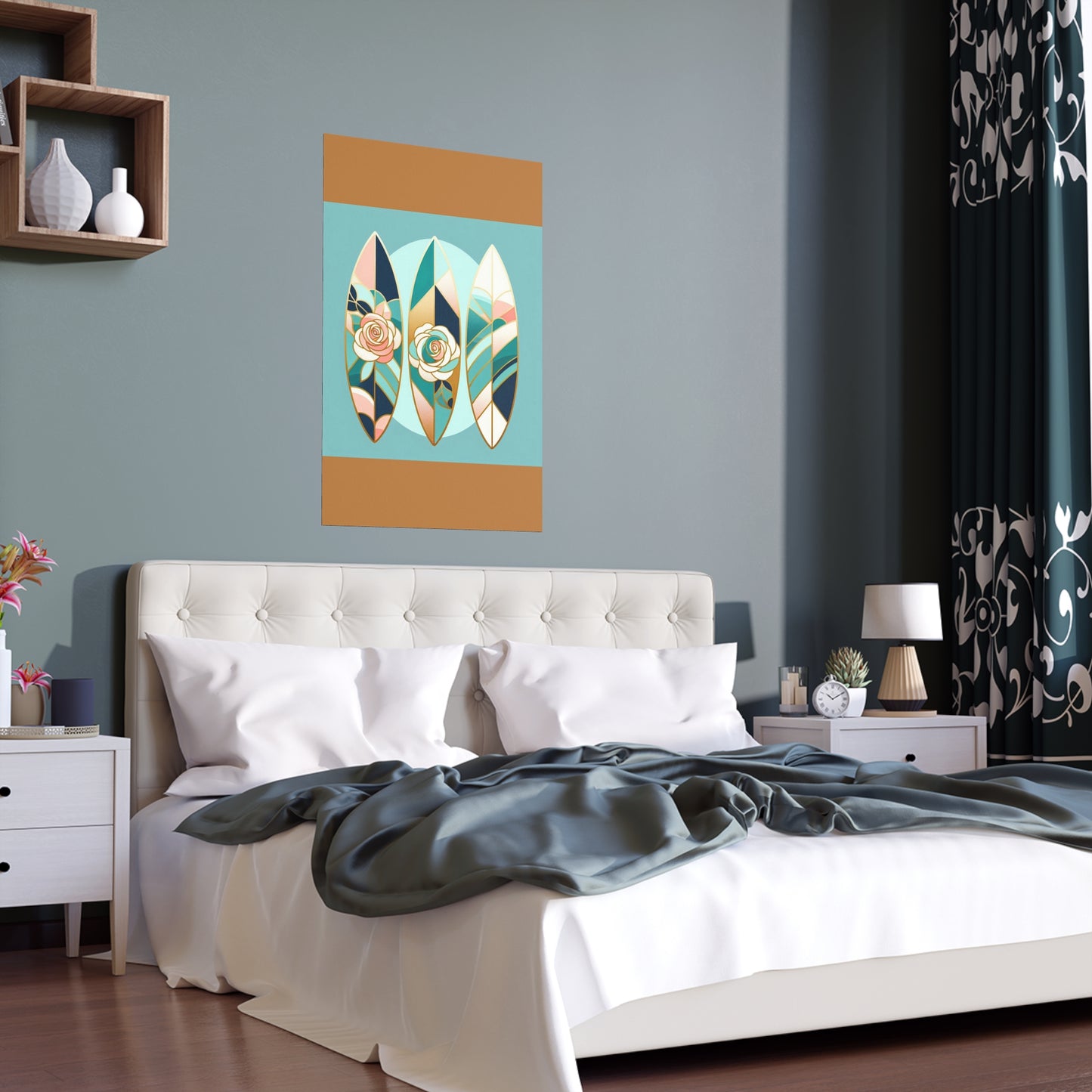 Elegant Floral Silk Poster - Indoor/Outdoor Wall Art for Home Decor - Blue, Pink & Aqua Surfboard & Roses